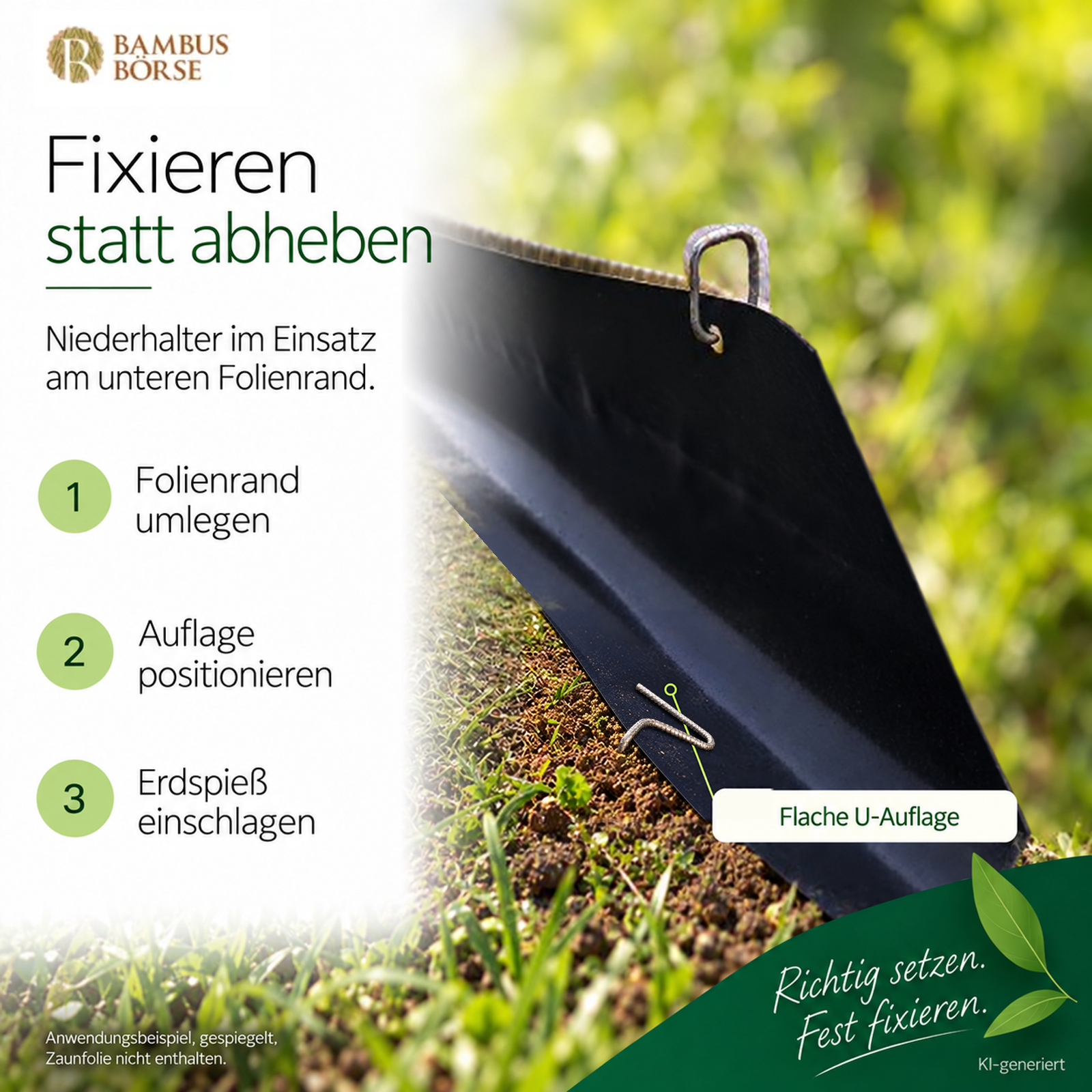 Gespiegeltes Anwendungsbeispiel eines flach aufliegenden Niederhalters am unteren Folienrand eines Schutzzauns