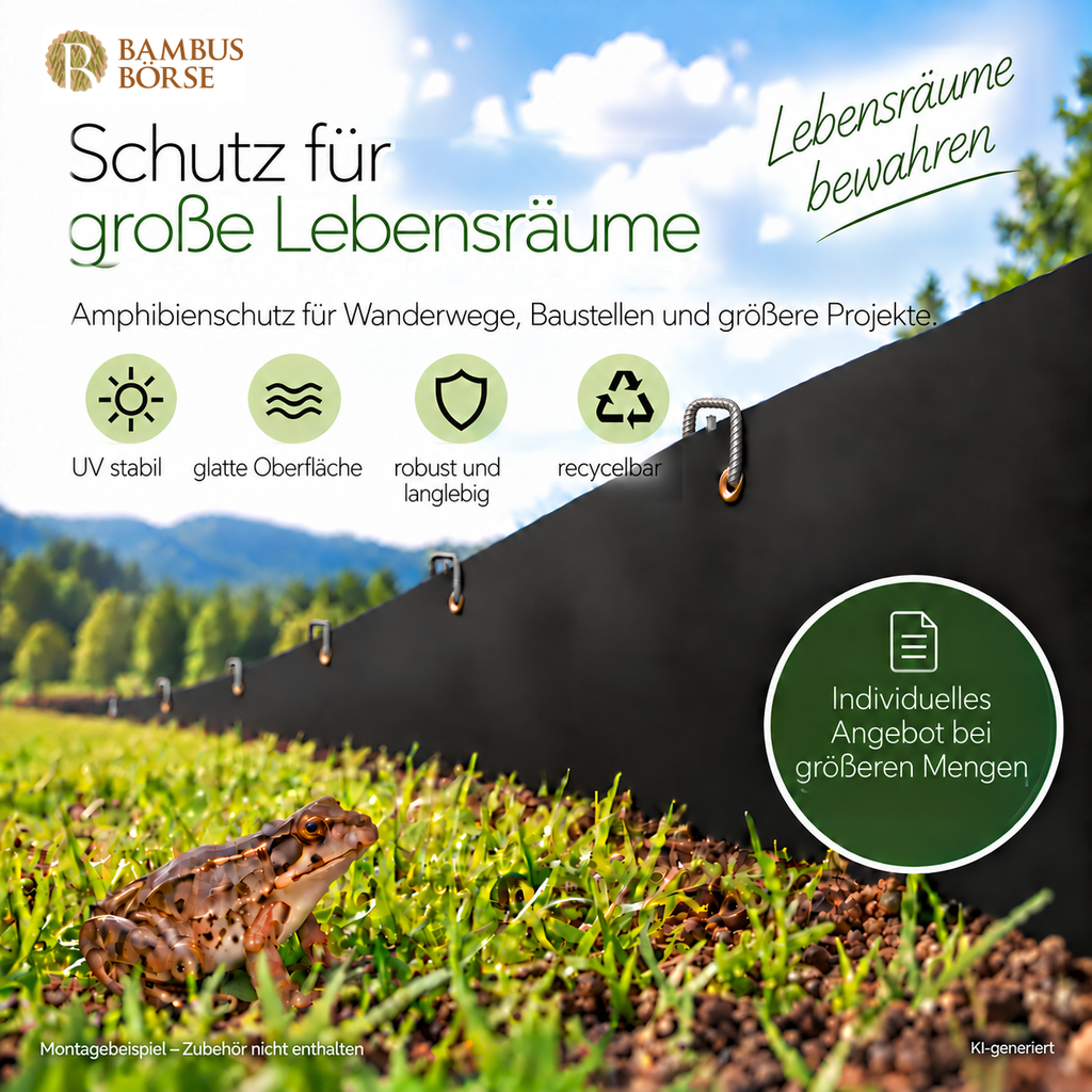 KI-generierte Illustration eines langen schwarzen HDPE-Zauns mit Frosch, zusätzlichen stahlgrauen Haltern und einem Hinweis auf individuelle Angebote für größere Mengen.