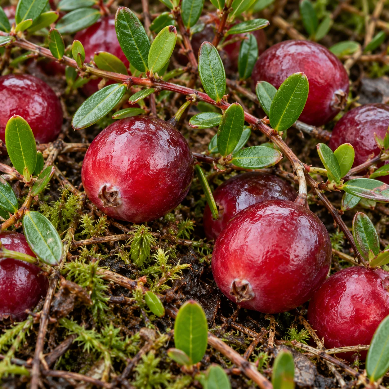 Rote Cranberries an dünnen Trieben zwischen kleinen grünen Blättern.