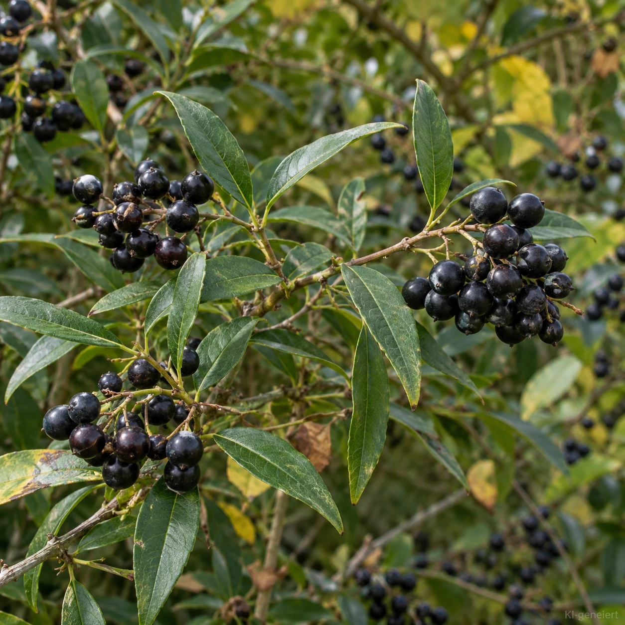 Schwarze Früchte von Liguster 'Atrovirens' am Zweig.