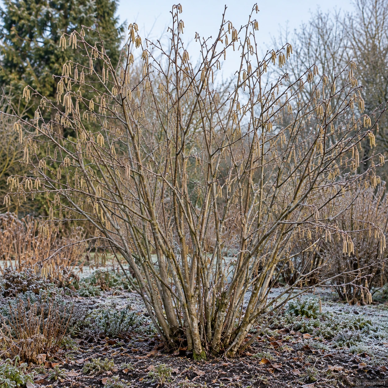 Blattloser Haselstrauch mit Blütenkätzchen im Winter.