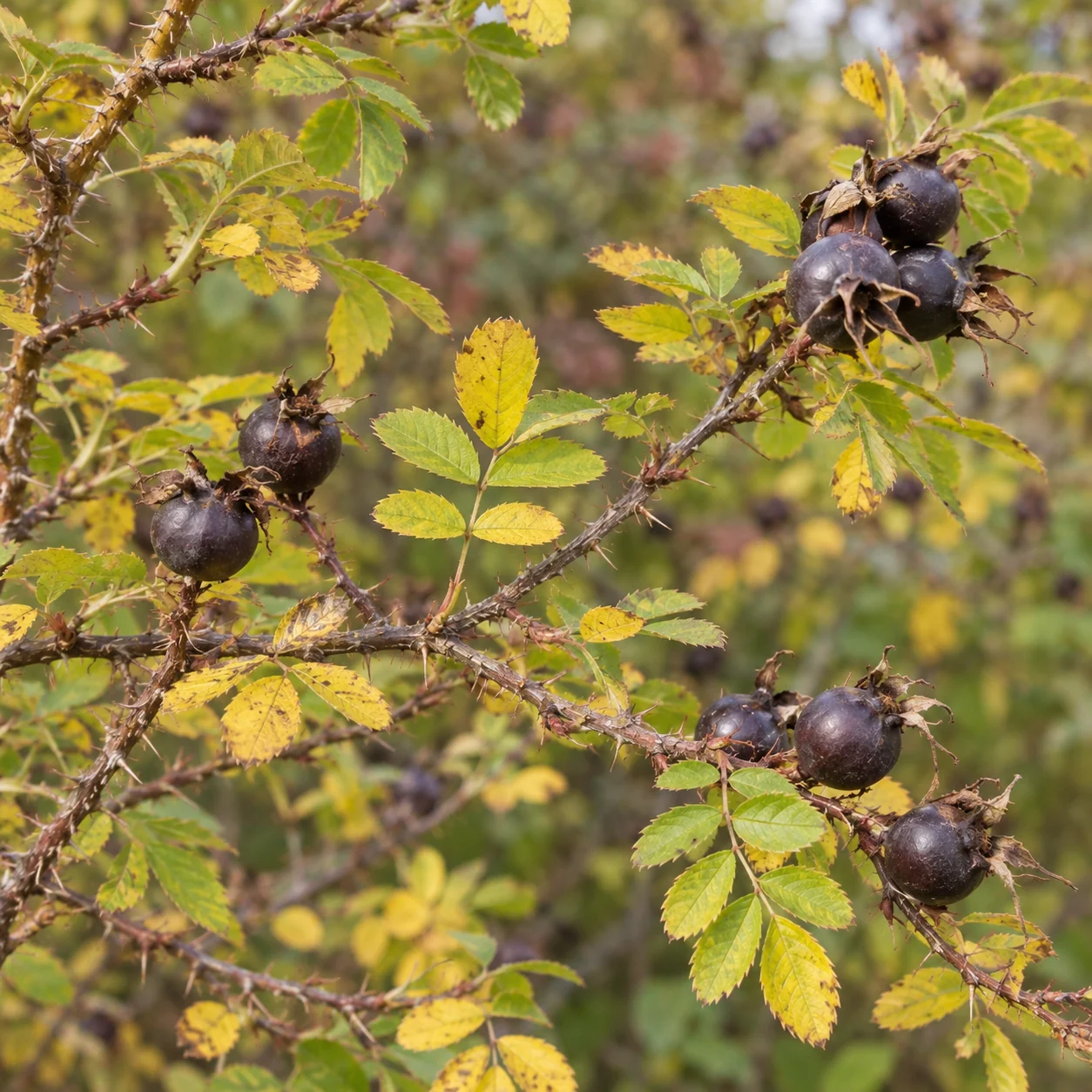 Dunkle rundliche Hagebutten der Dünenrose an einem bestachelten Zweig im Herbst.