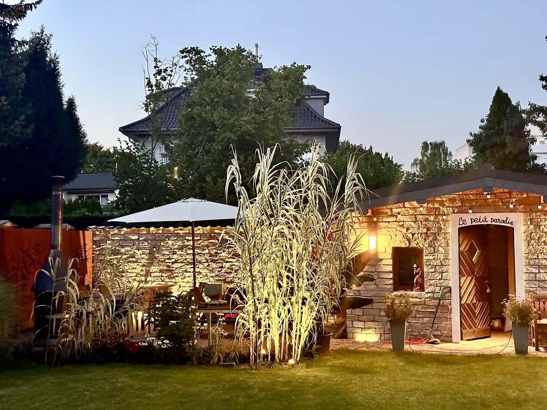 Hohe Gräser mit Wow-Effekt: Natürliche Strukturgeber für Ihren Garten Pfahlrohr Arundo donax Variegata im Garten neben Terrasse und Steinmauer – dekoratives Ziergras mit hellgrünen Blättern.