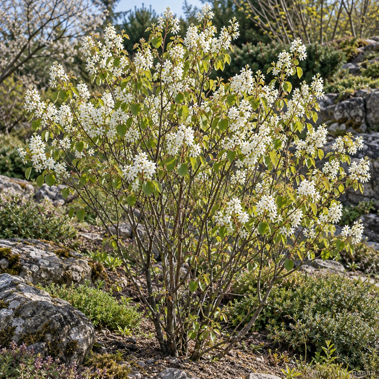 Gewöhnliche Felsenbirne mit weißen Blüten zwischen Felsen.
