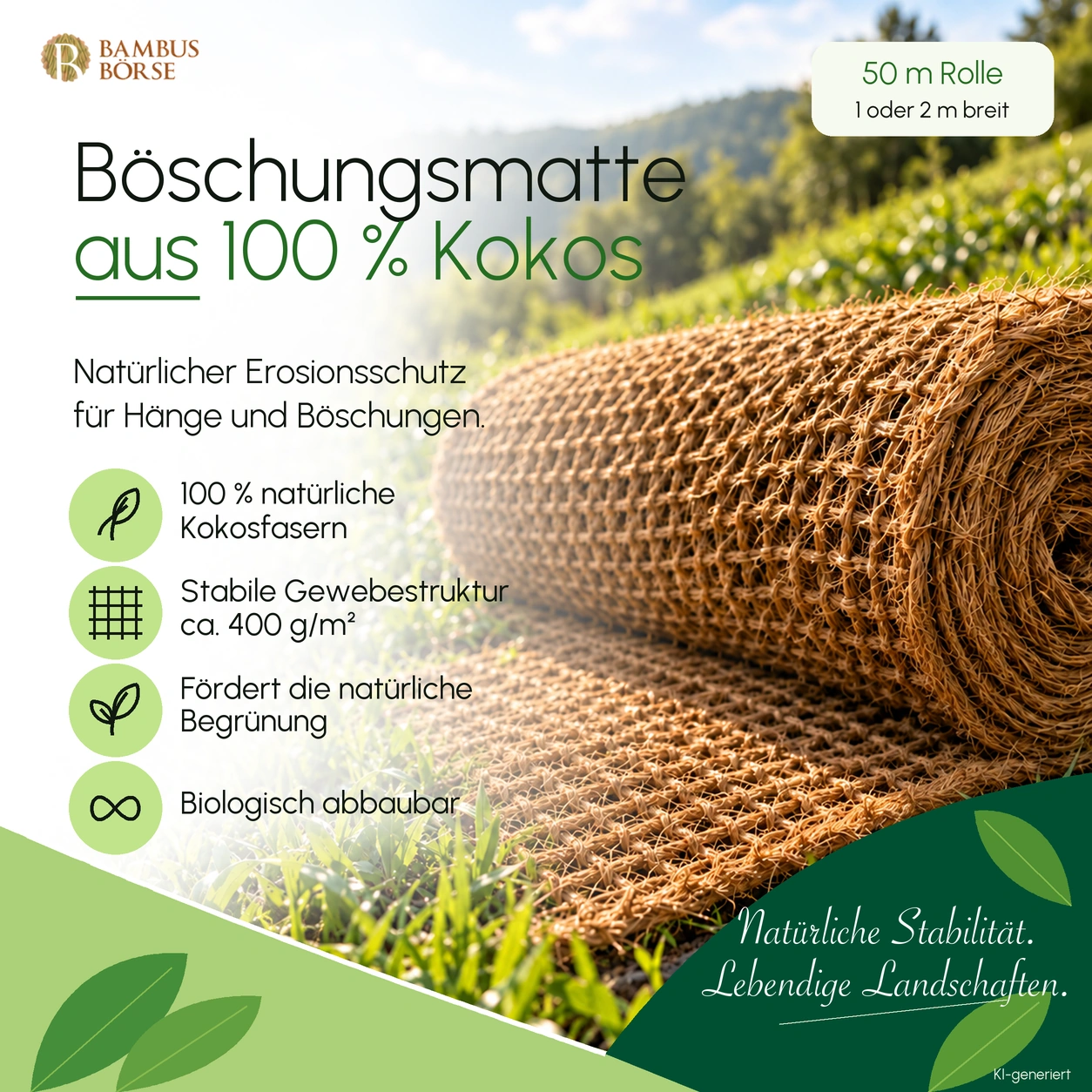 Böschungsmatte aus Kokos mit ca. 400 g/m², als 50 m Rolle in 1 oder 2 m Breite.