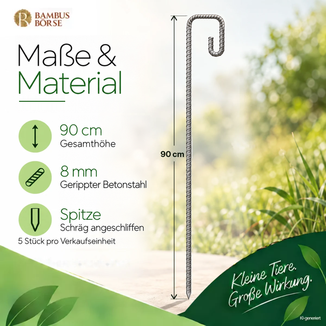 Maßzeichnung eines Befestigungshakens mit 90 cm Höhe, 8 mm geripptem Betonstahl und schräg angeschliffener Spitze.