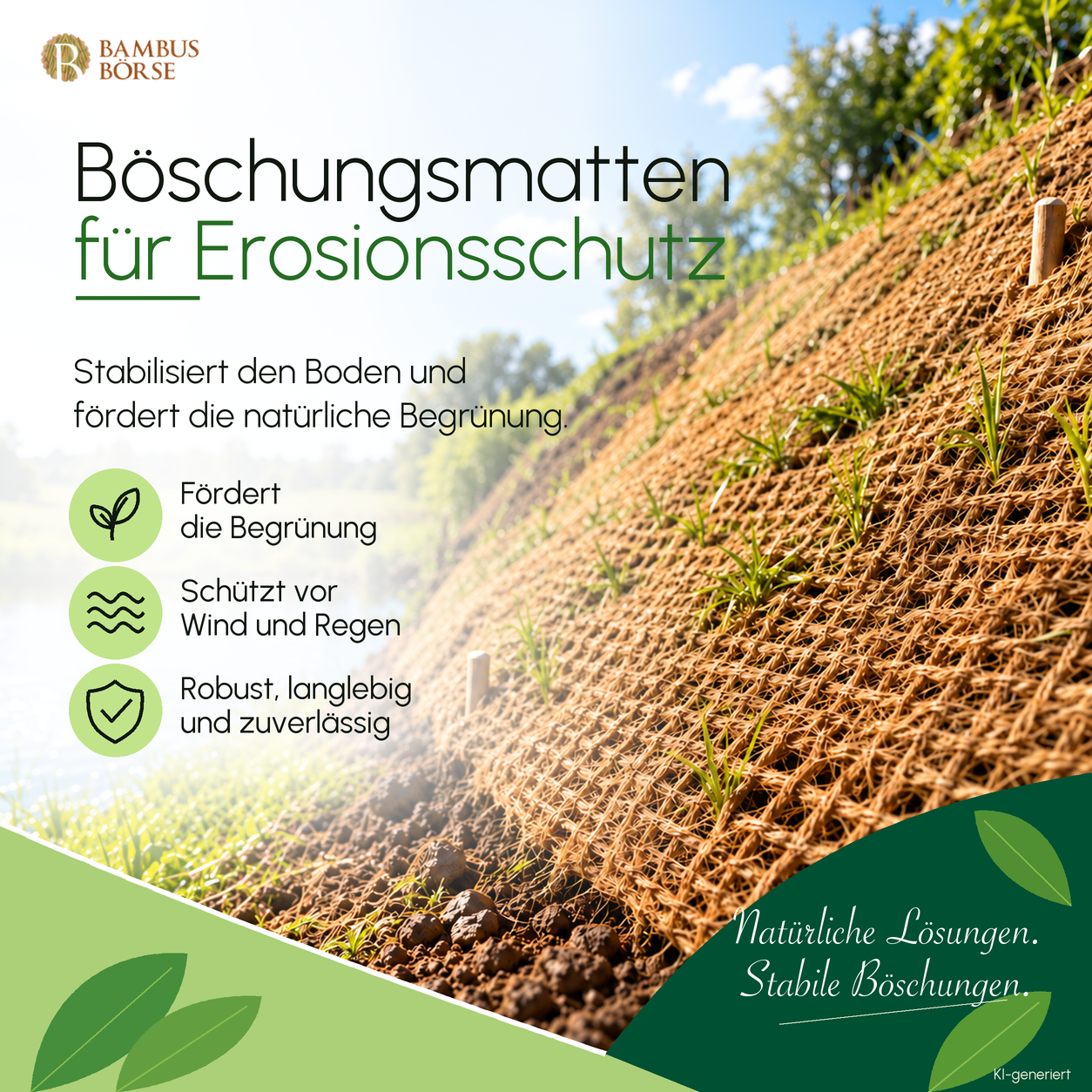 Kokos-Böschungsmatte auf einer Böschung mit beginnender Begrünung.