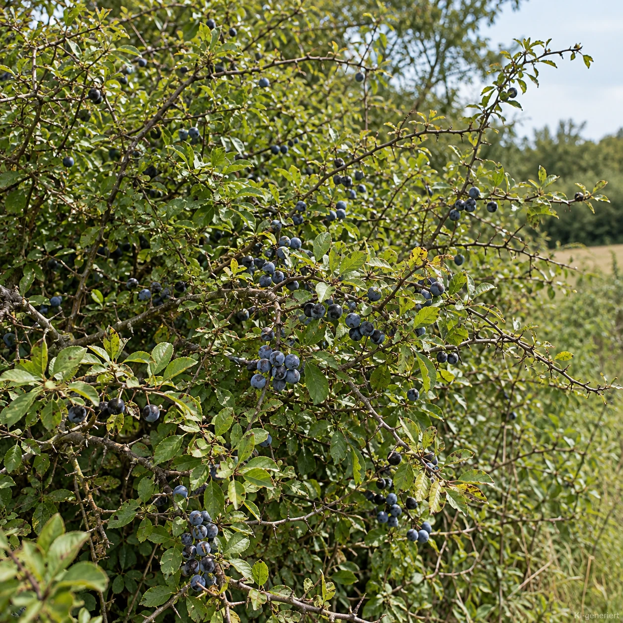 Schlehe mit grünem Laub in einer Naturhecke.