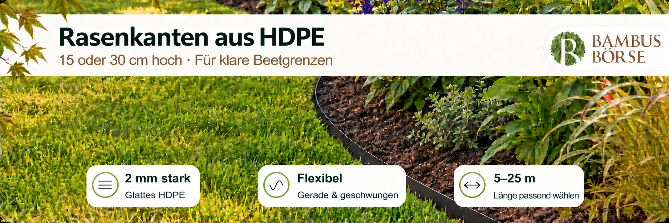 Dünne HDPE-Rasenkante zwischen Rasen und Blumenbeet, 15 oder 30 cm hoch und 2 mm stark.