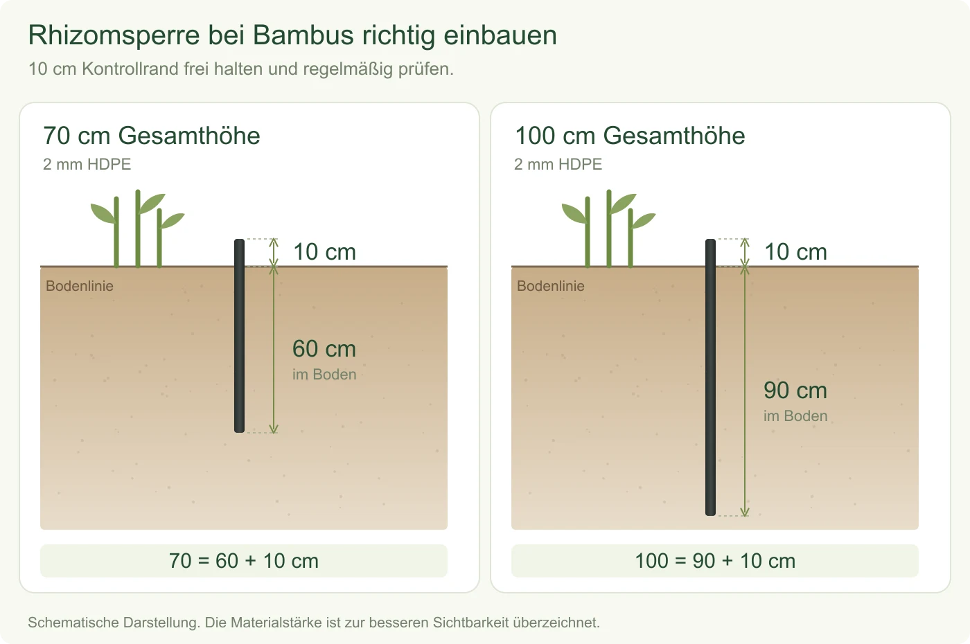 Einbautiefe und sichtbarer Kontrollrand der 2-mm-Rhizomsperre: 70 = 60 + 10 cm, 100 = 90 + 10 cm. Schematische Darstellung.