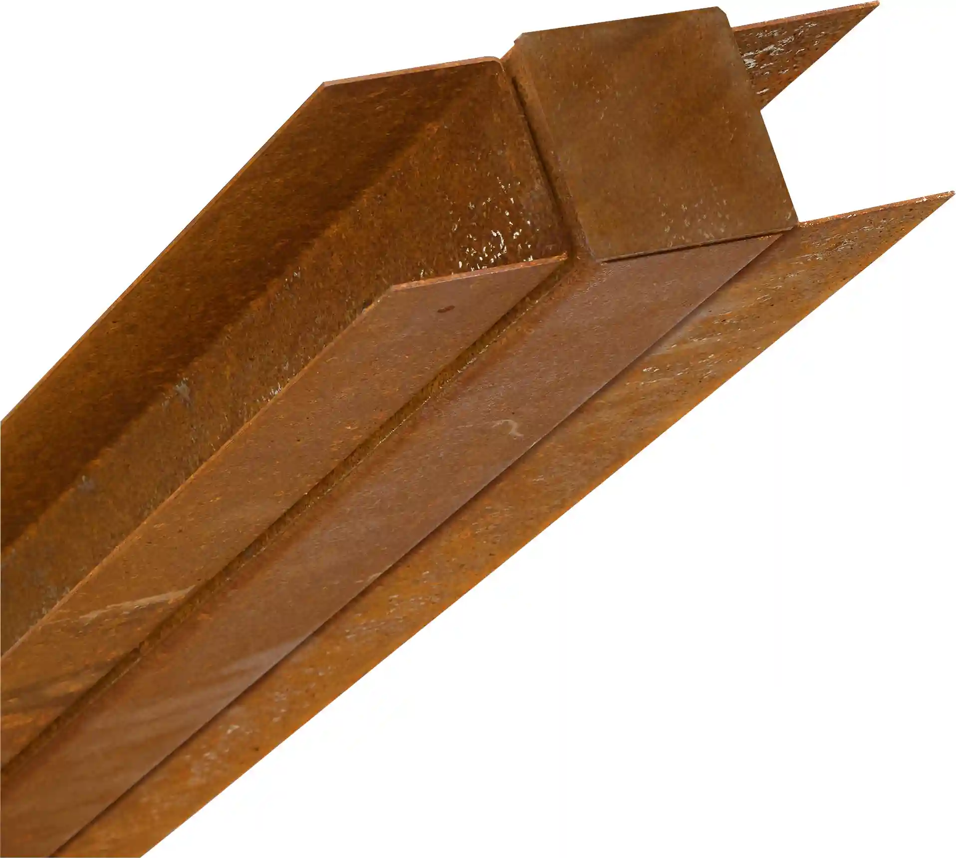 Mittelpfosten aus Cortenstahl für Verbindung von Bambuszaunelementen im Garten.