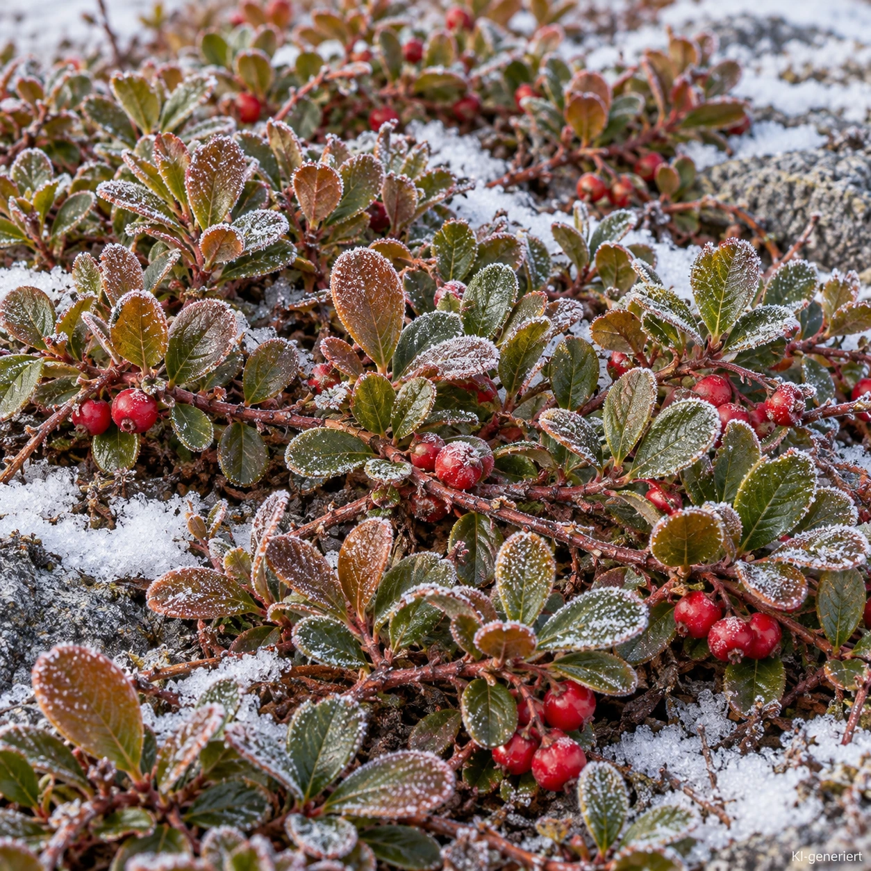 Bronzefarbenes Winterlaub und rote Früchte der Bärentraube 'Massachusetts' mit Raureif und etwas Schnee.