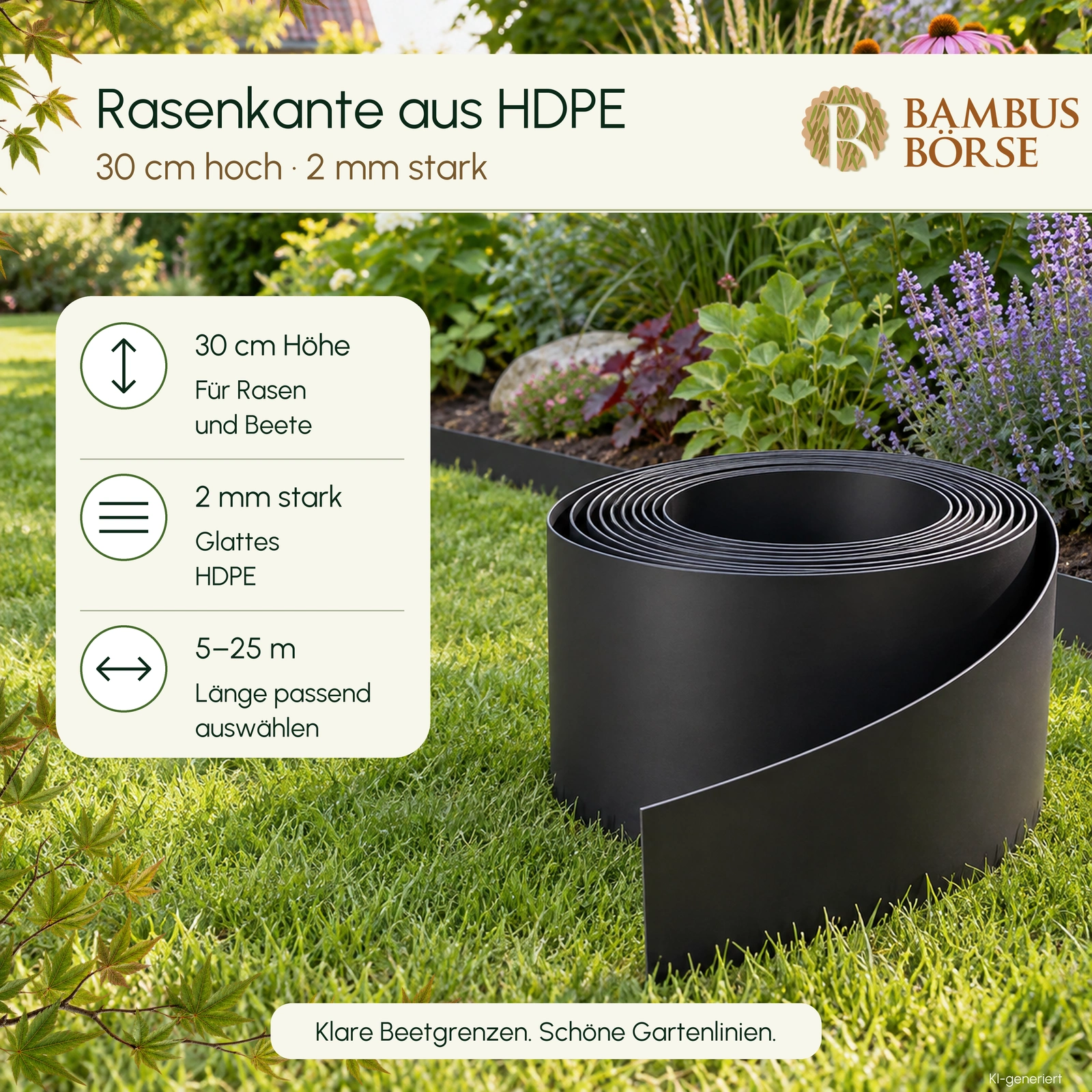 Schwarze HDPE-Rasenkante als Rolle vor einem Blumenbeet, 30 cm hoch und 2 mm stark. KI-generiertes Symbolbild.