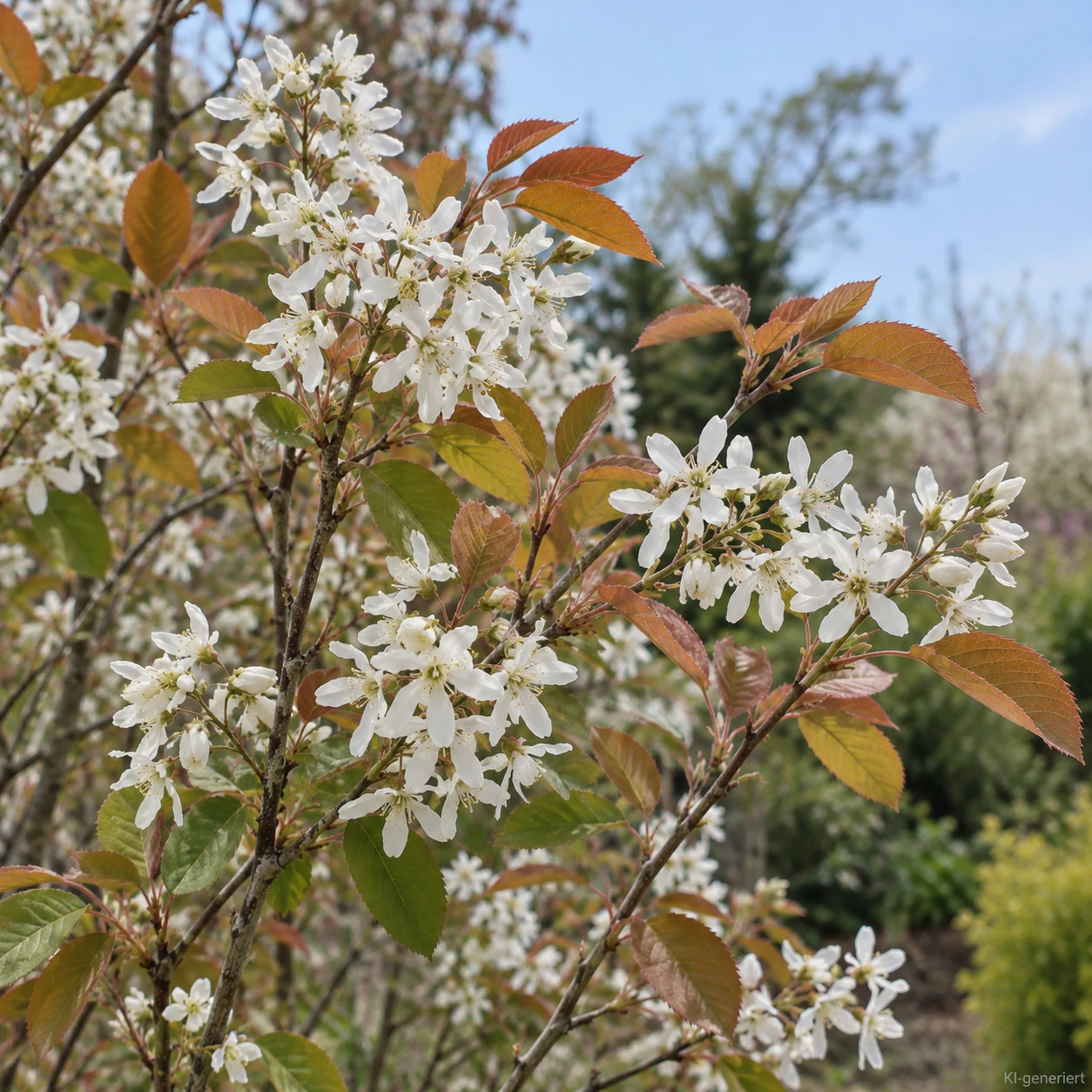 Weiße sternförmige Blüten der Kupfer-Felsenbirne.