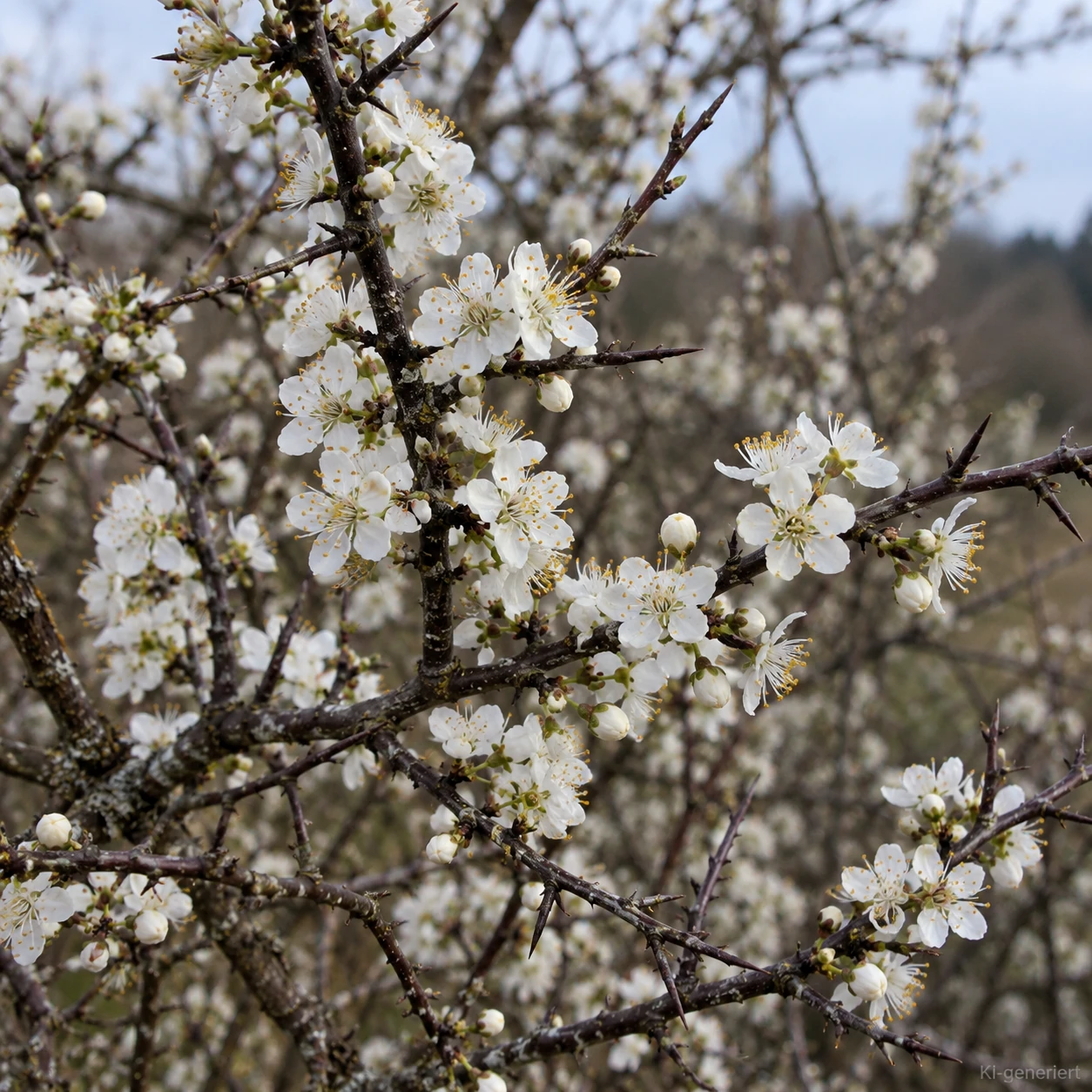 Weiße Schlehenblüten an dunklen Zweigen.