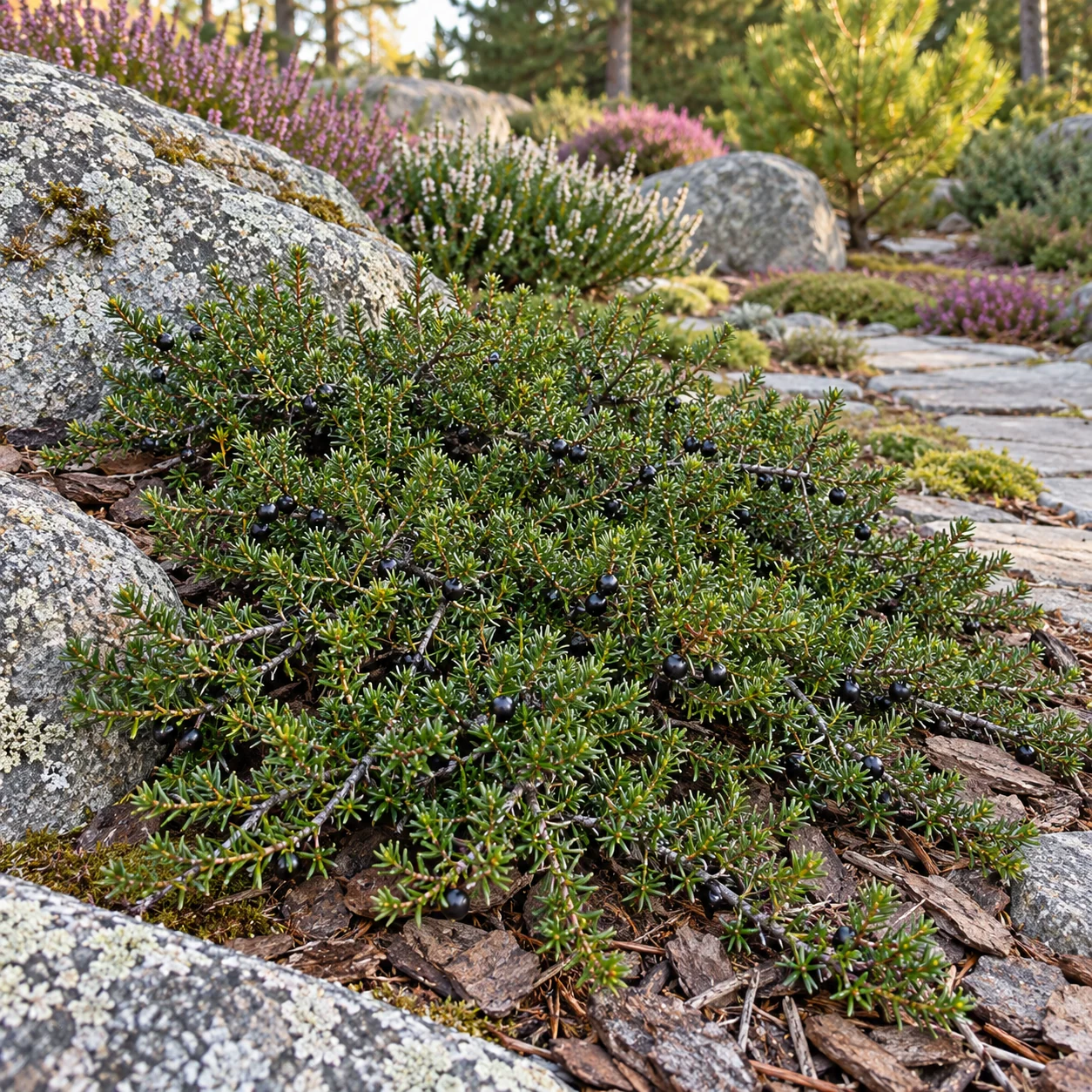 Krähenbeere als niedrige Pflanzendecke in einem Heidegarten.