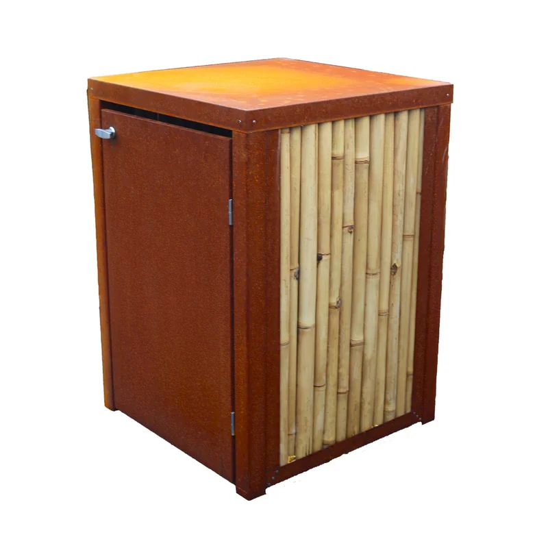 Einzelne Mülltonnenbox mit Cortenstahlgehäuse, Bambusfüllung in der Tür und geschlossenem Deckel.