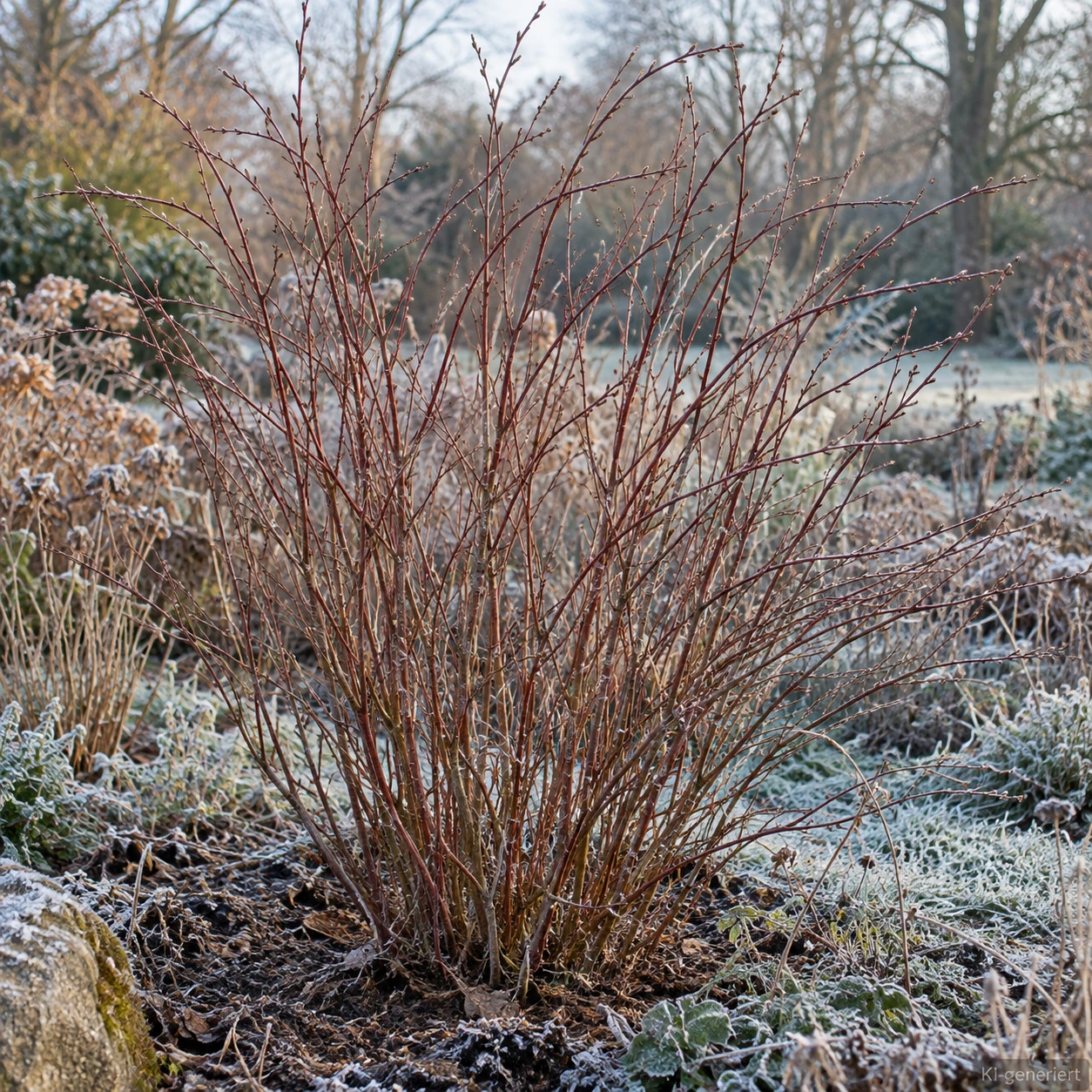 Blattlose Rosmarinweide im winterlichen Garten.