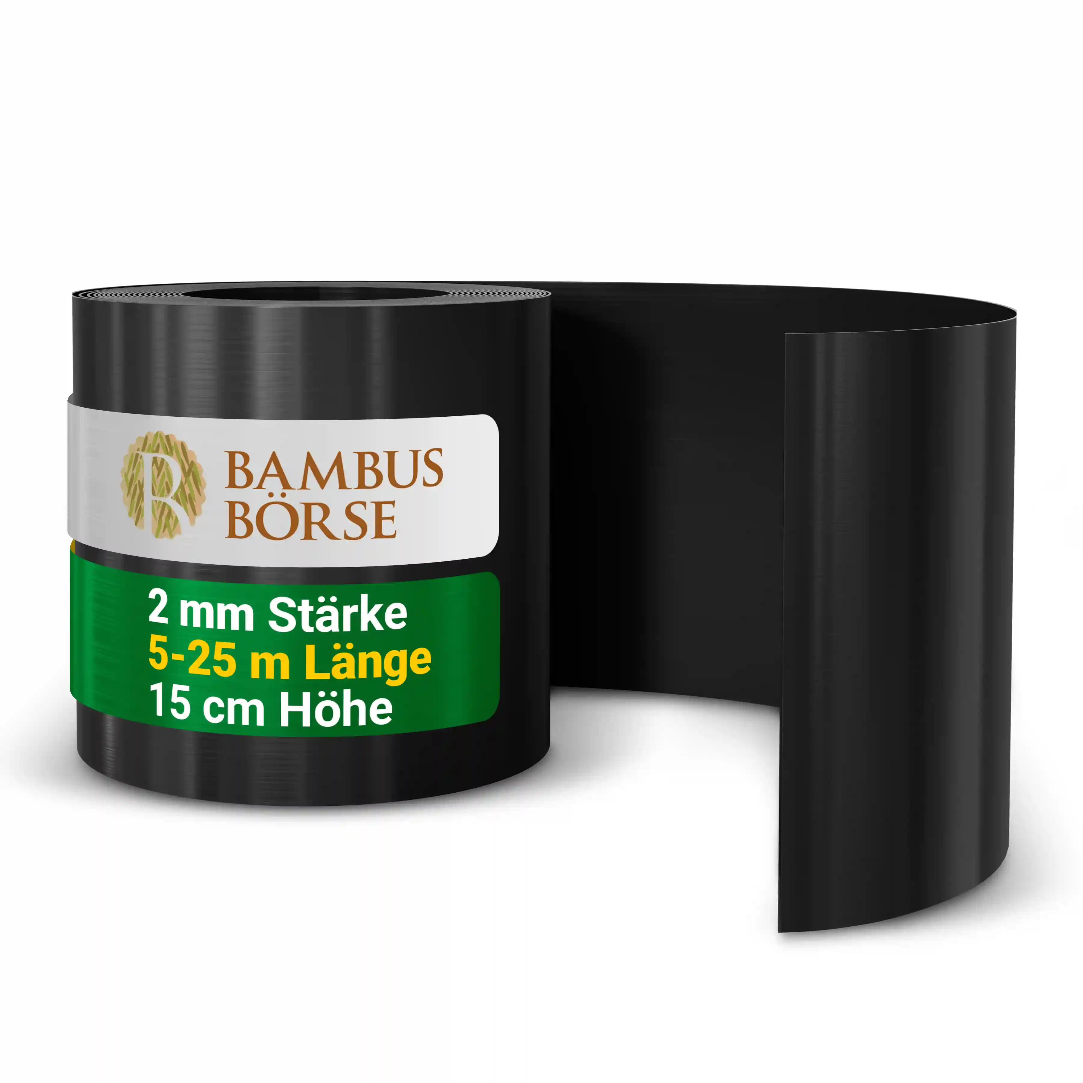 Schwarze Wurzelsperre mit Produktinformationen: "Bambus Börse" Logo, 2 mm Stärke, 5-25 m Länge, 15 cm Höhe. Rolle teils aufgerollt, mit silberner und grüner Etikettierung.