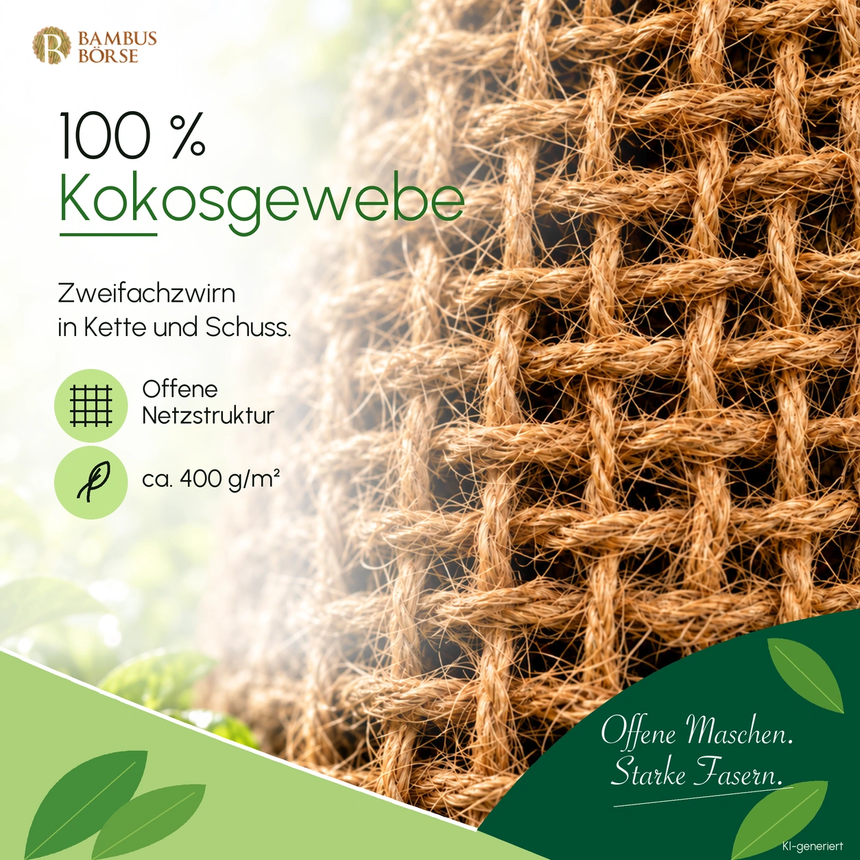 Nahaufnahme eines offenen Kokosgewebes aus Zweifachzwirn in Kette und Schuss, ca. 400 g/m².