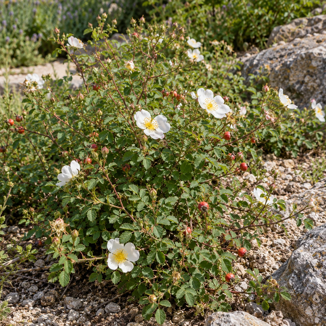 Bibernellrose zwischen Steinen und Gartenpflanzen.