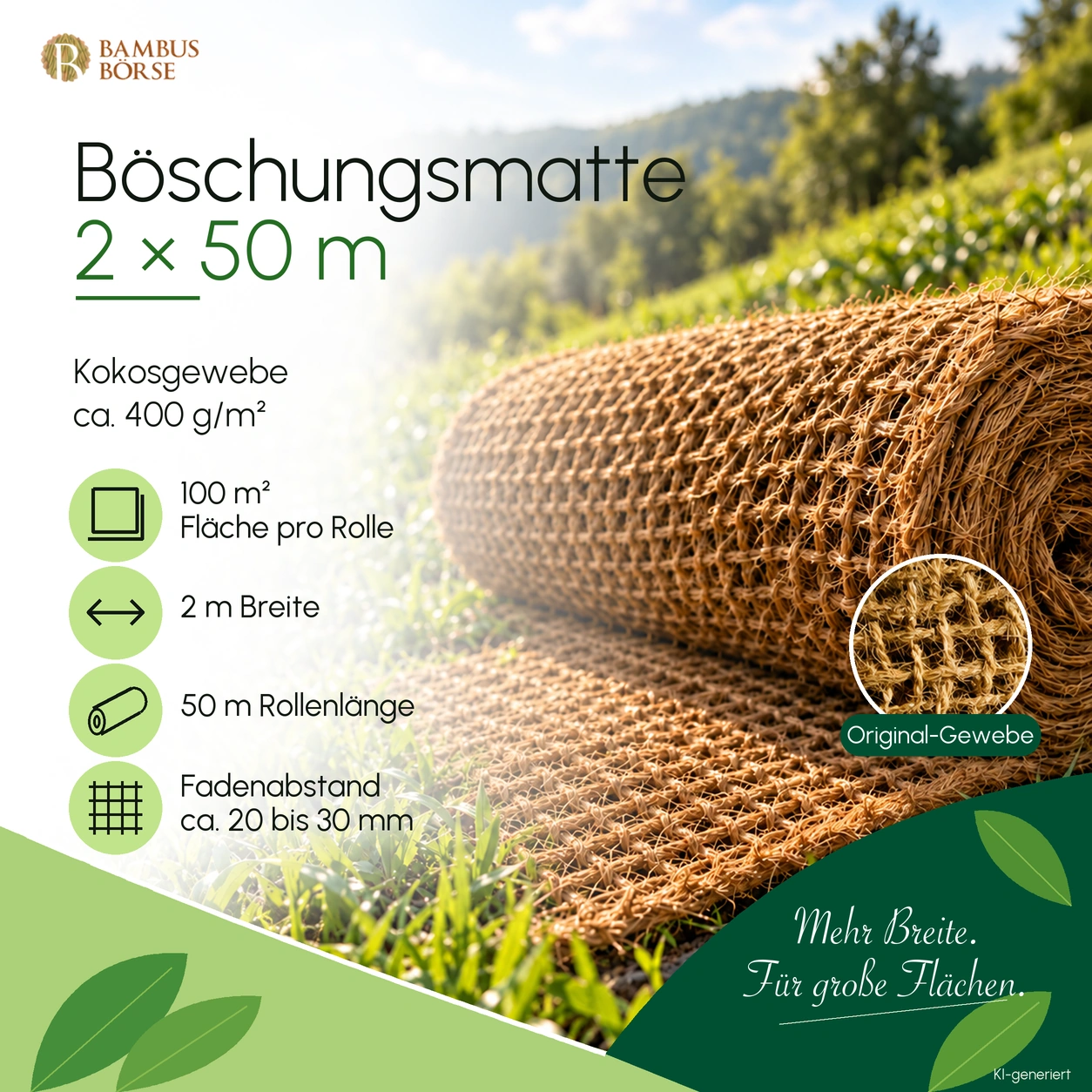 Böschungsmatte aus Kokos, 2 × 50 m mit 100 m² und ca. 400 g/m².