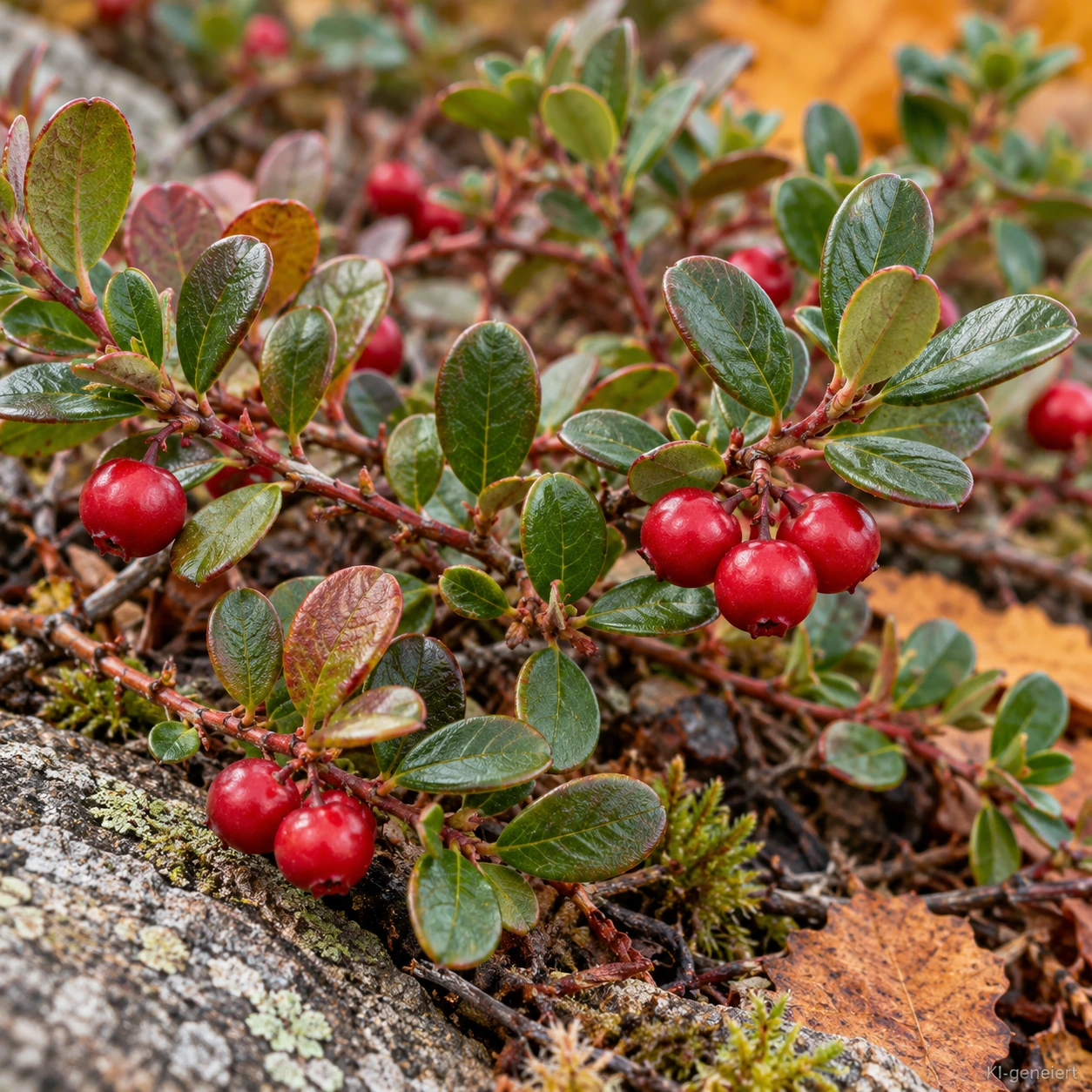 Rote Zierfrüchte der Bärentraube 'Massachusetts' an rötlichen Trieben zwischen ledrigen Blättern im Herbst.
