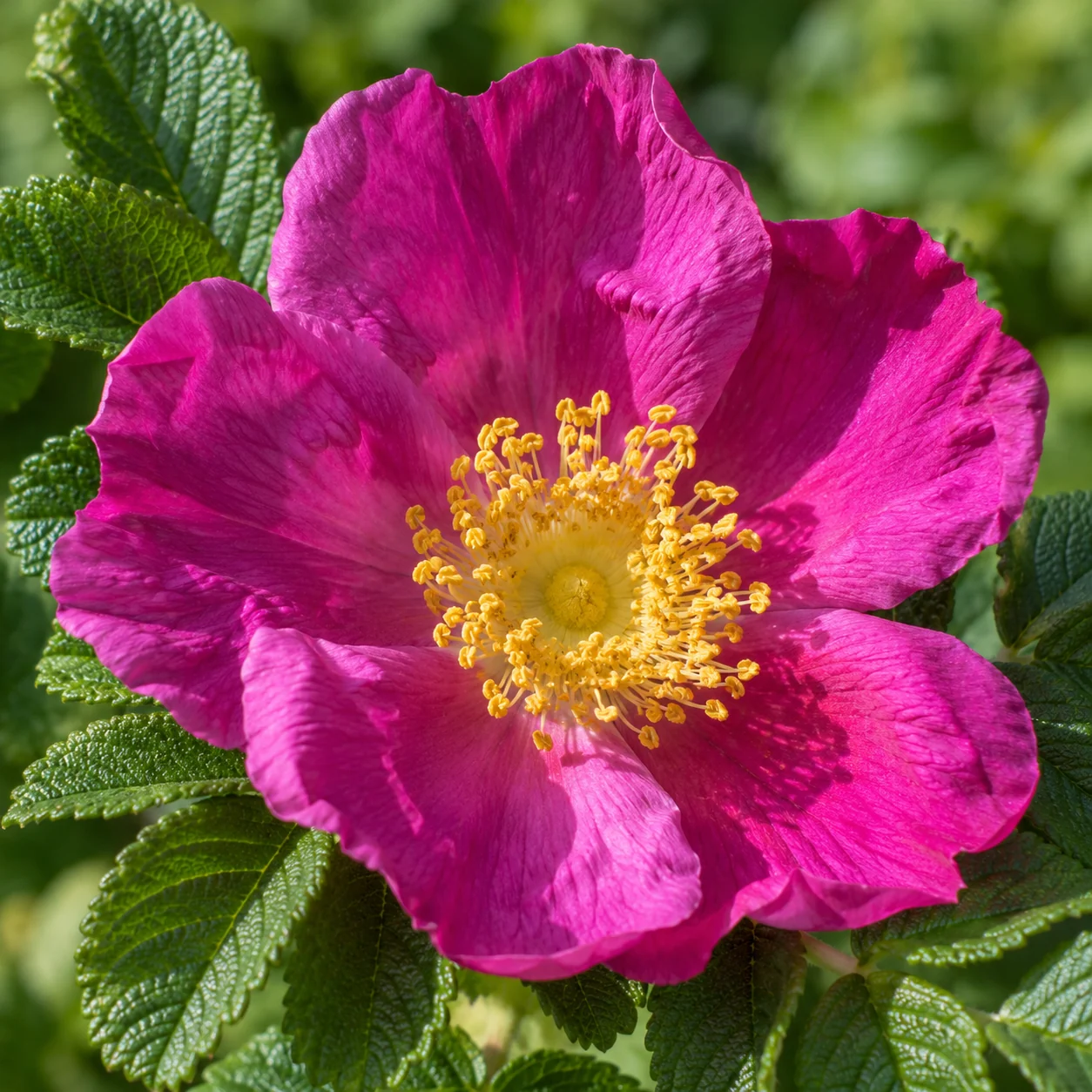 Rosa Blüte der Inselrose mit gelben Staubgefäßen und runzeligen grünen Blättern.