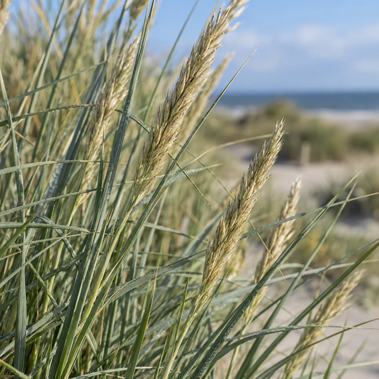 Schmale, eingerollte graugrüne Blätter von Ammophila arenaria in Nahaufnahme.