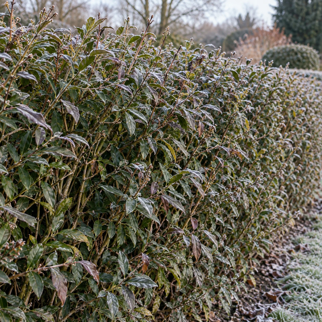Ligusterhecke 'Atrovirens' mit Raureif im Winter.