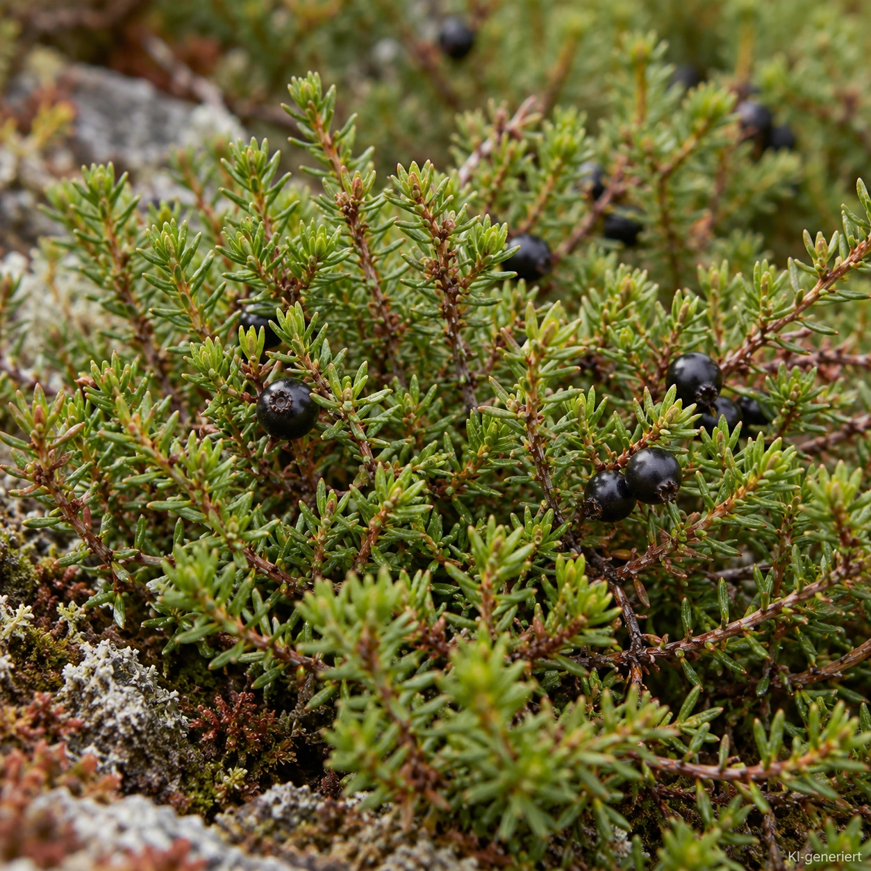 Einzelne schwarze Früchte der Krähenbeere 'Irland' zwischen dicht stehenden grünen Blättchen im Herbst.
