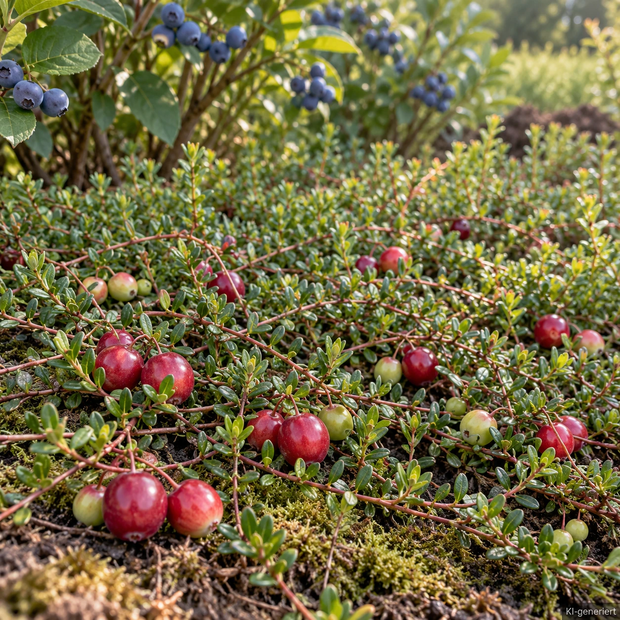 Cranberry 'Bergman' als niedrige Bepflanzung vor Heidelbeersträuchern mit Früchten in verschiedenen Reifestadien.