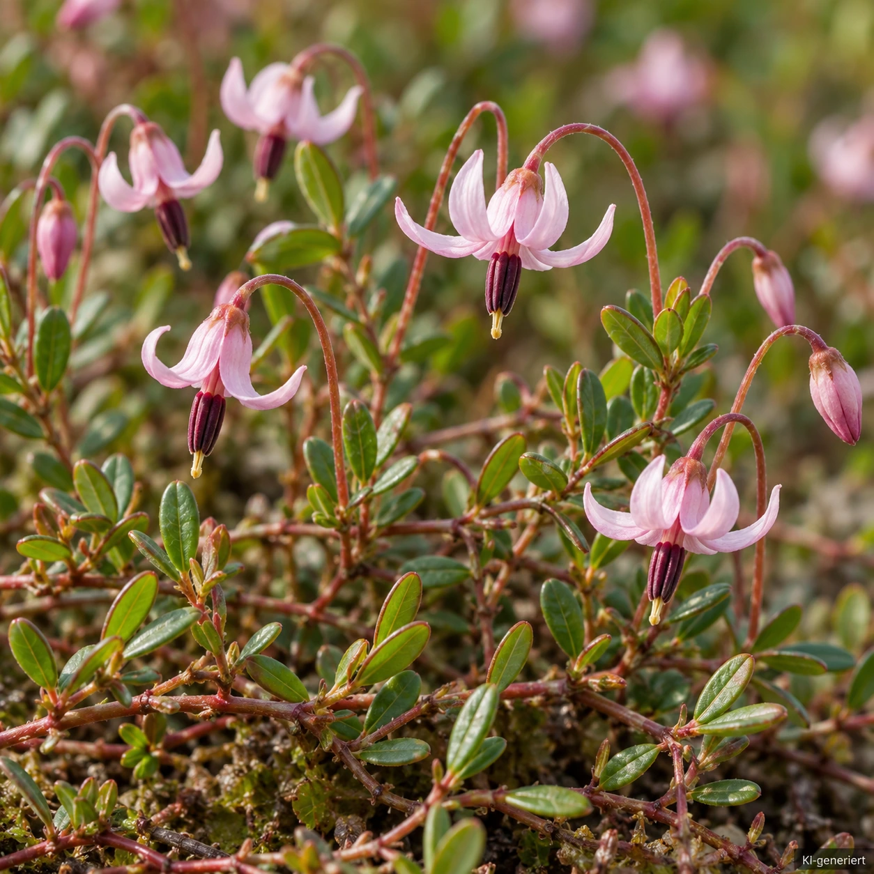 Zartrosa Blüten der Cranberry 'Bergman' mit zurückgebogenen Blütenblättern an feinen gebogenen Stielen.