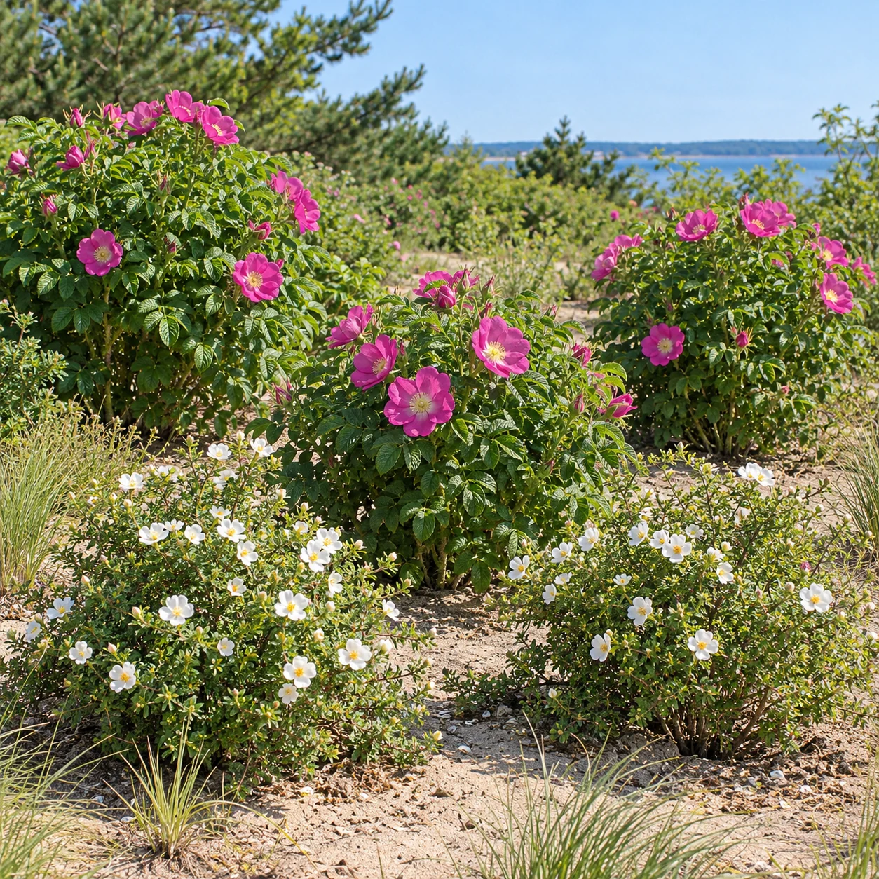 Rosa Inselrosen und weiße Dünenrosen als Beispielpflanzung für das Strandduft-Paket.