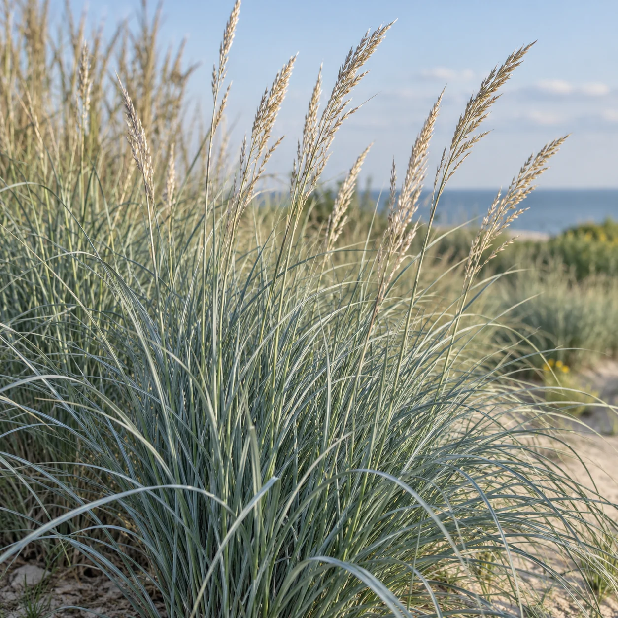 Schlanke helle Blütenstände des Strandhafers 'Silberinsel' über dem Laub.