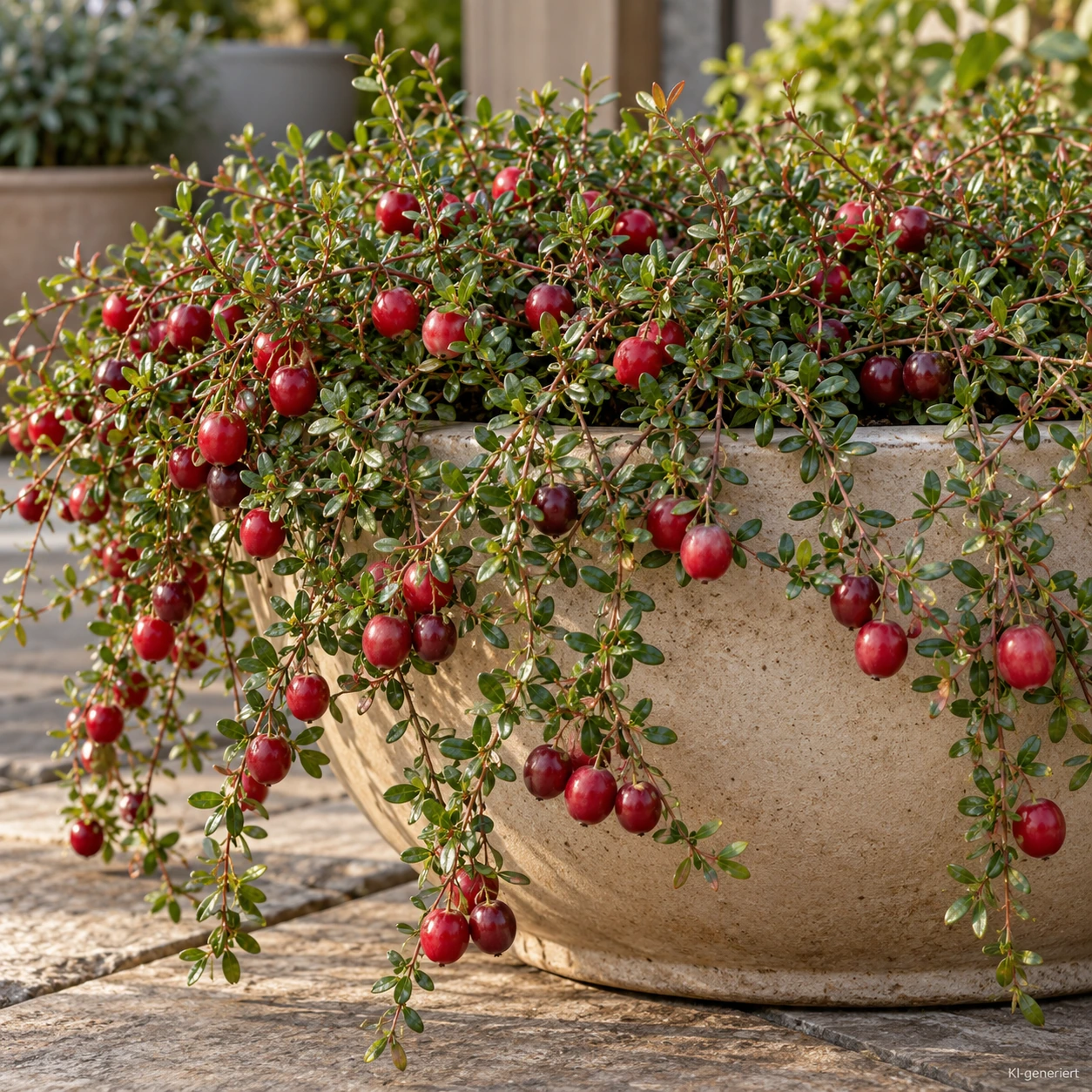 Cranberry 'Bergman' mit überhängenden Trieben und roten Früchten in einem beigen Kübel auf der Terrasse.