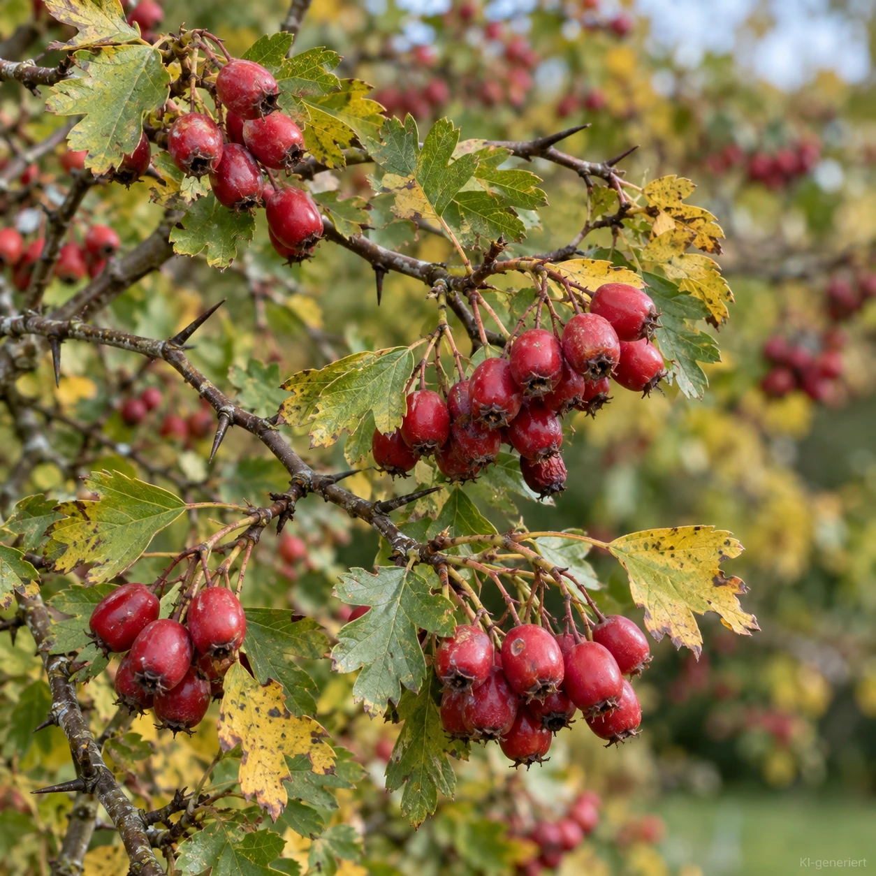 Rote Weißdornfrüchte am Zweig mit gelappten Blättern.