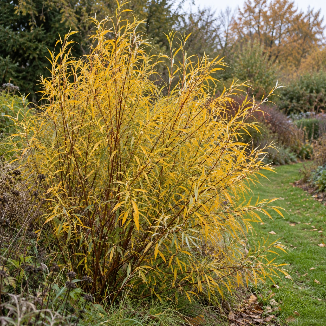 Rosmarinweide mit gelbem Herbstlaub.