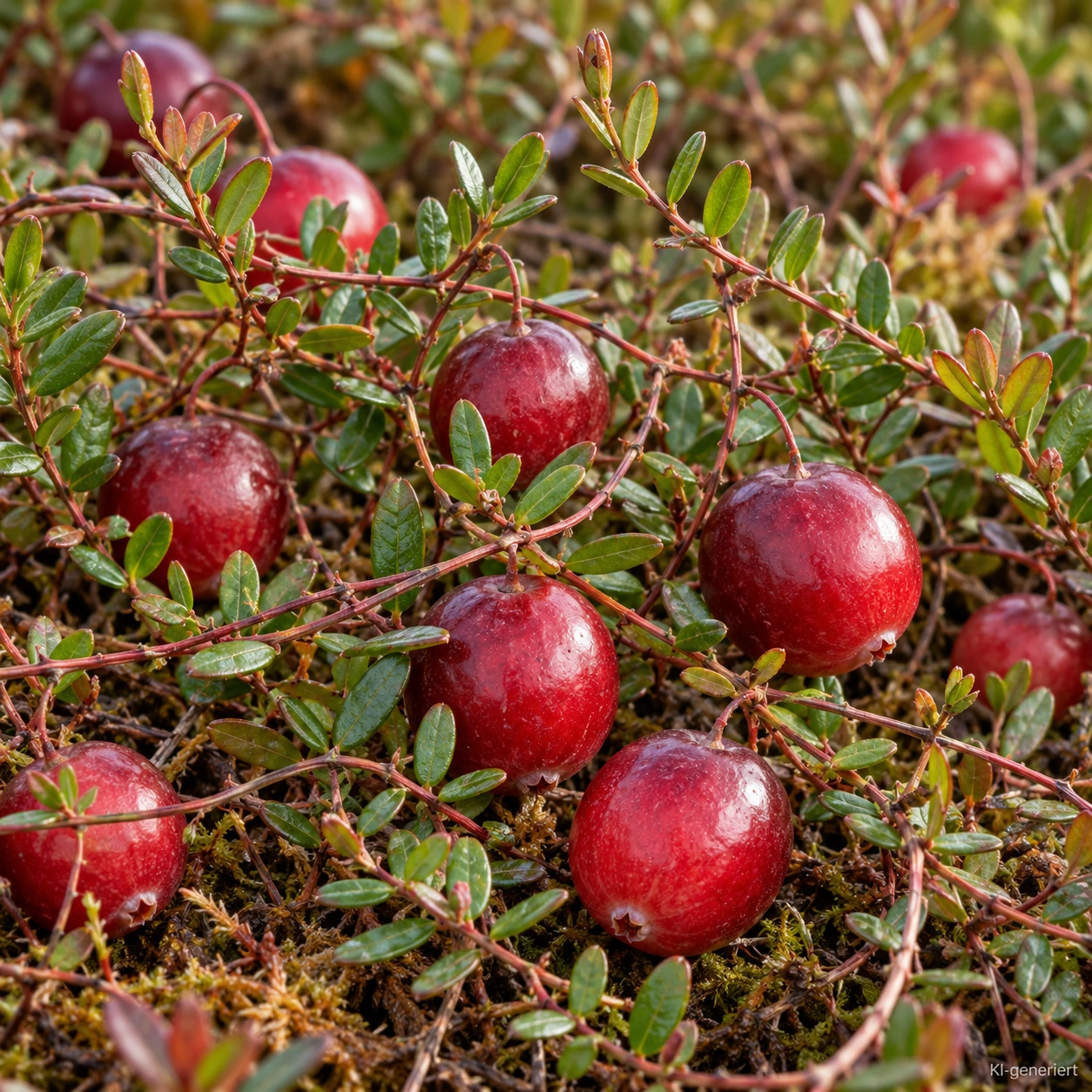Reife rote Cranberries der Sorte 'Bergman' an dünnen rötlichen Trieben zwischen kleinen grünen Blättern.