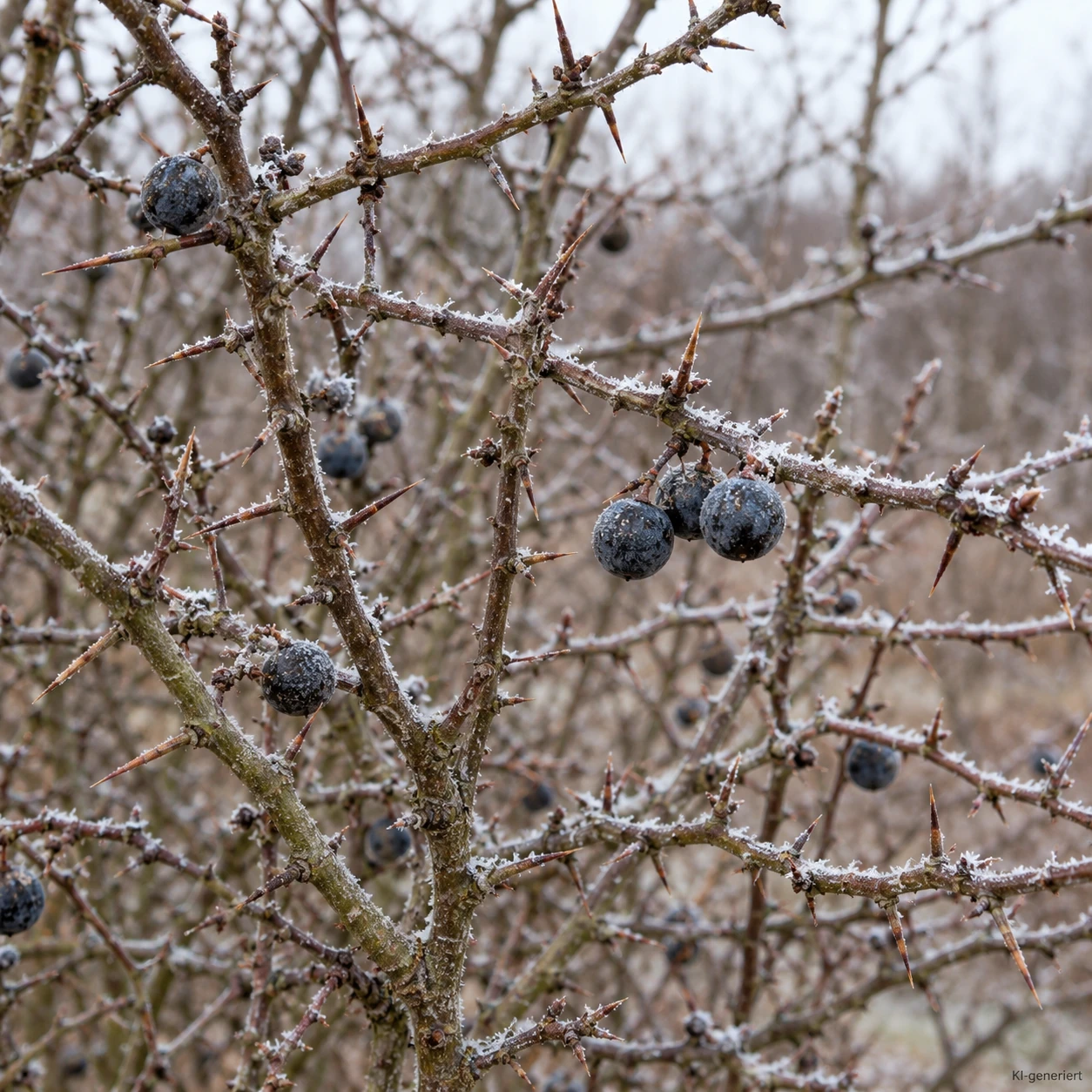 Bereifte Schlehenzweige mit dunklen Früchten im Winter.