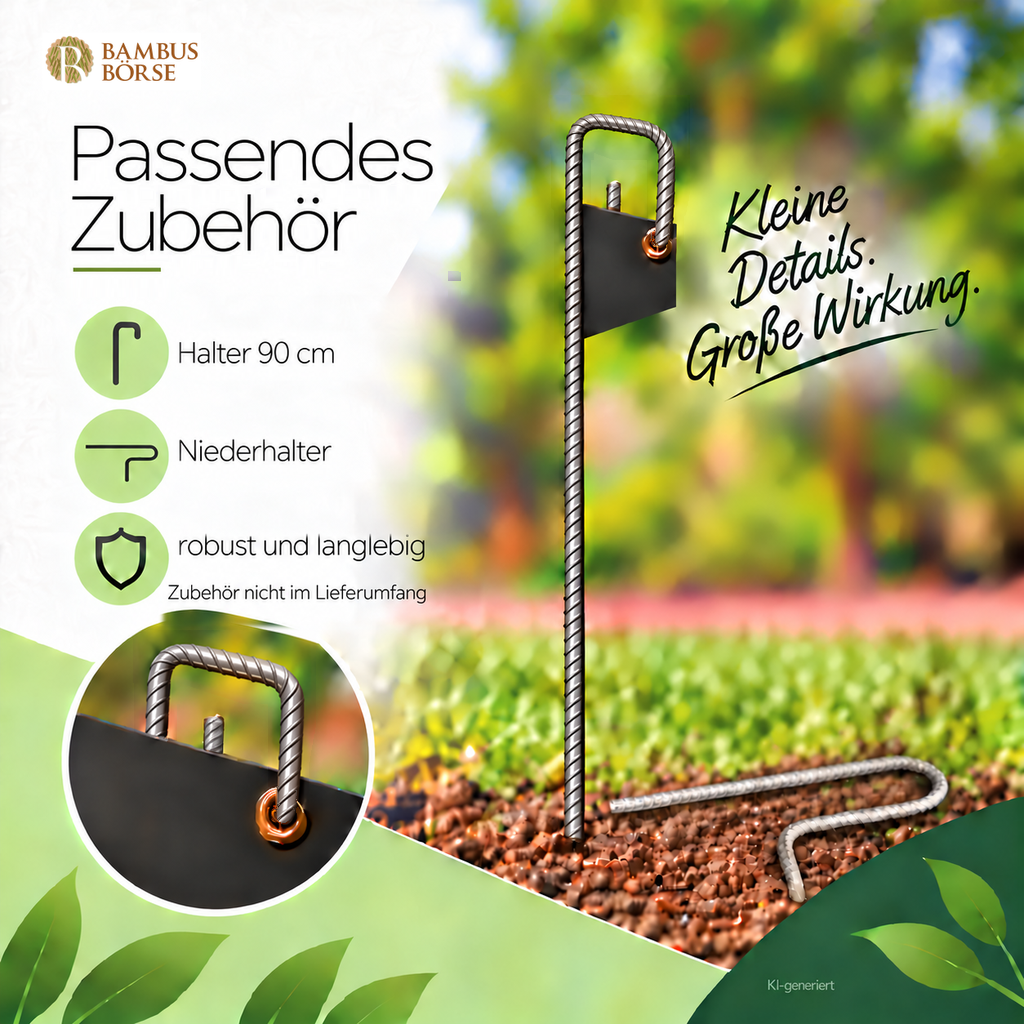 KI-generierte Zubehörillustration mit einem 90-cm-Halter, einem Niederhalter und einer Ösenbefestigung; Zubehör nicht im Lieferumfang der Zaunbahn.