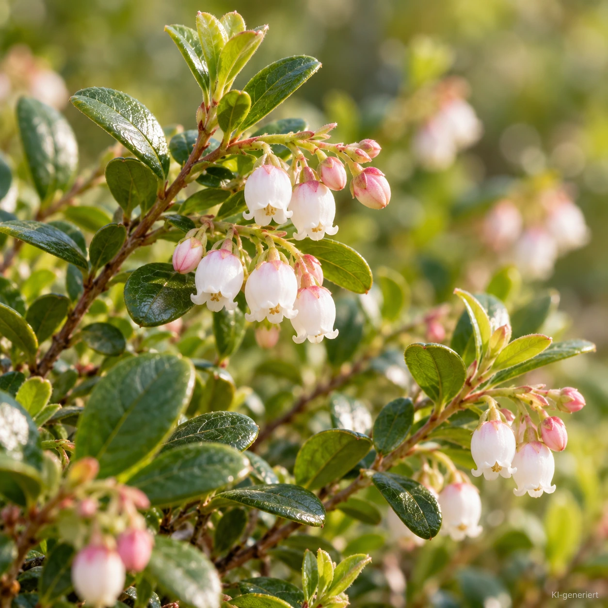 Weißrosa Glockenblüten der Preiselbeere 'Red Pearl' zwischen grünen Blättern.