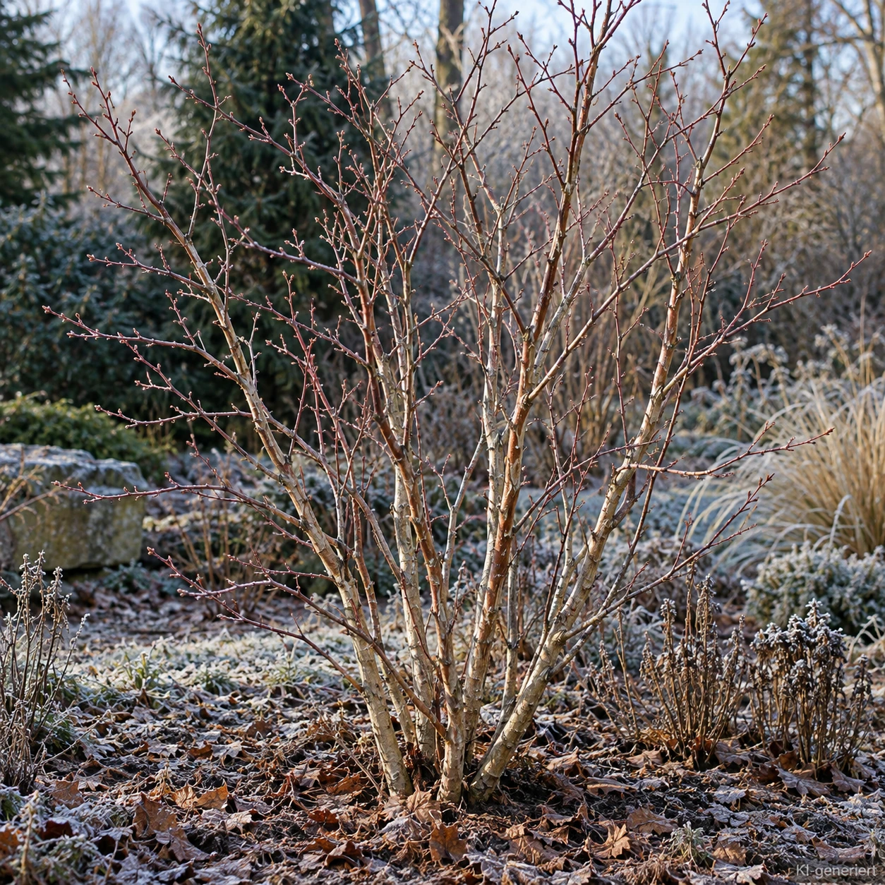 Blattloser Feuerahorn im winterlichen Garten.