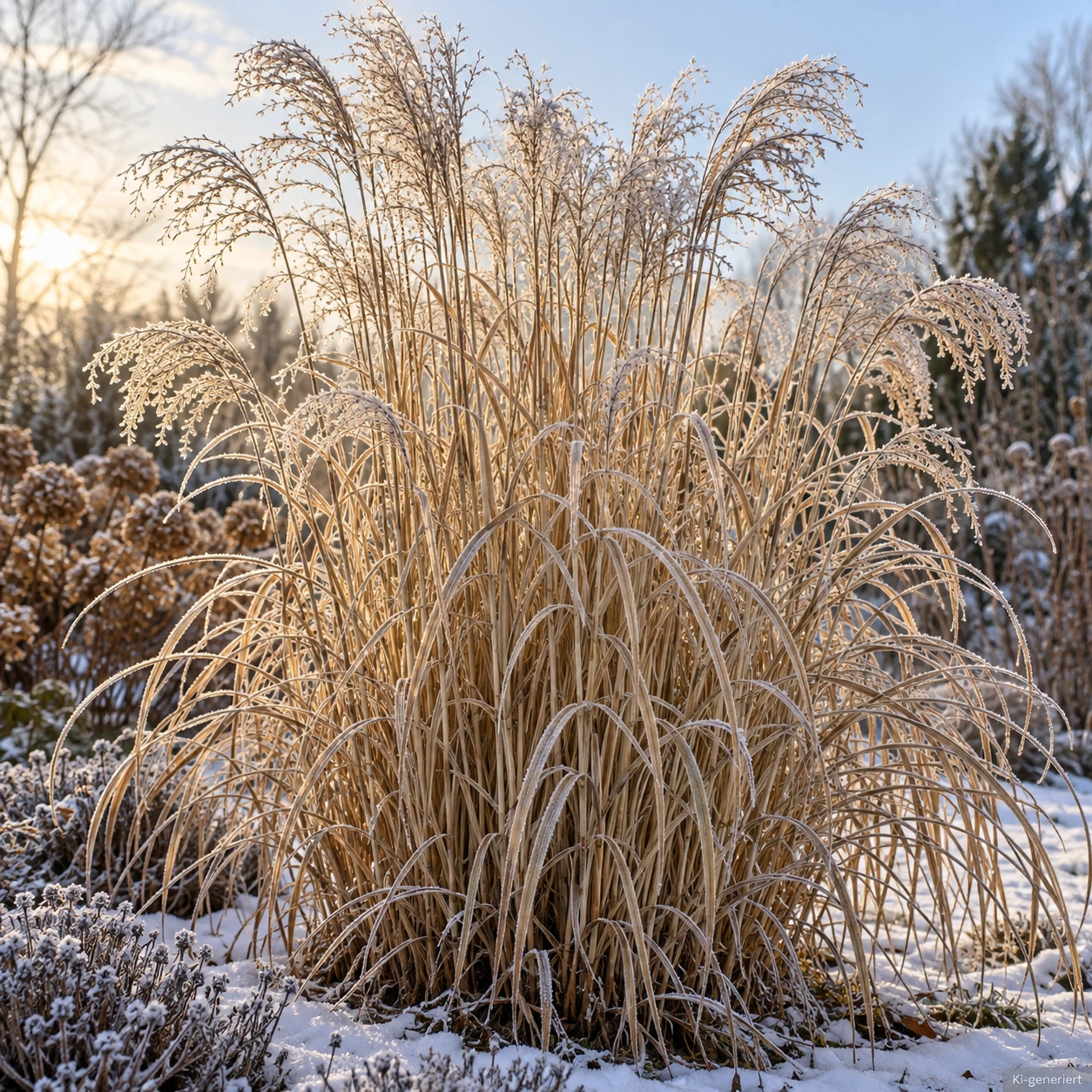 Trockene Halme und helle Samenstände von Chinaschilf 'Red Chief' mit Raureif im winterlichen Garten.