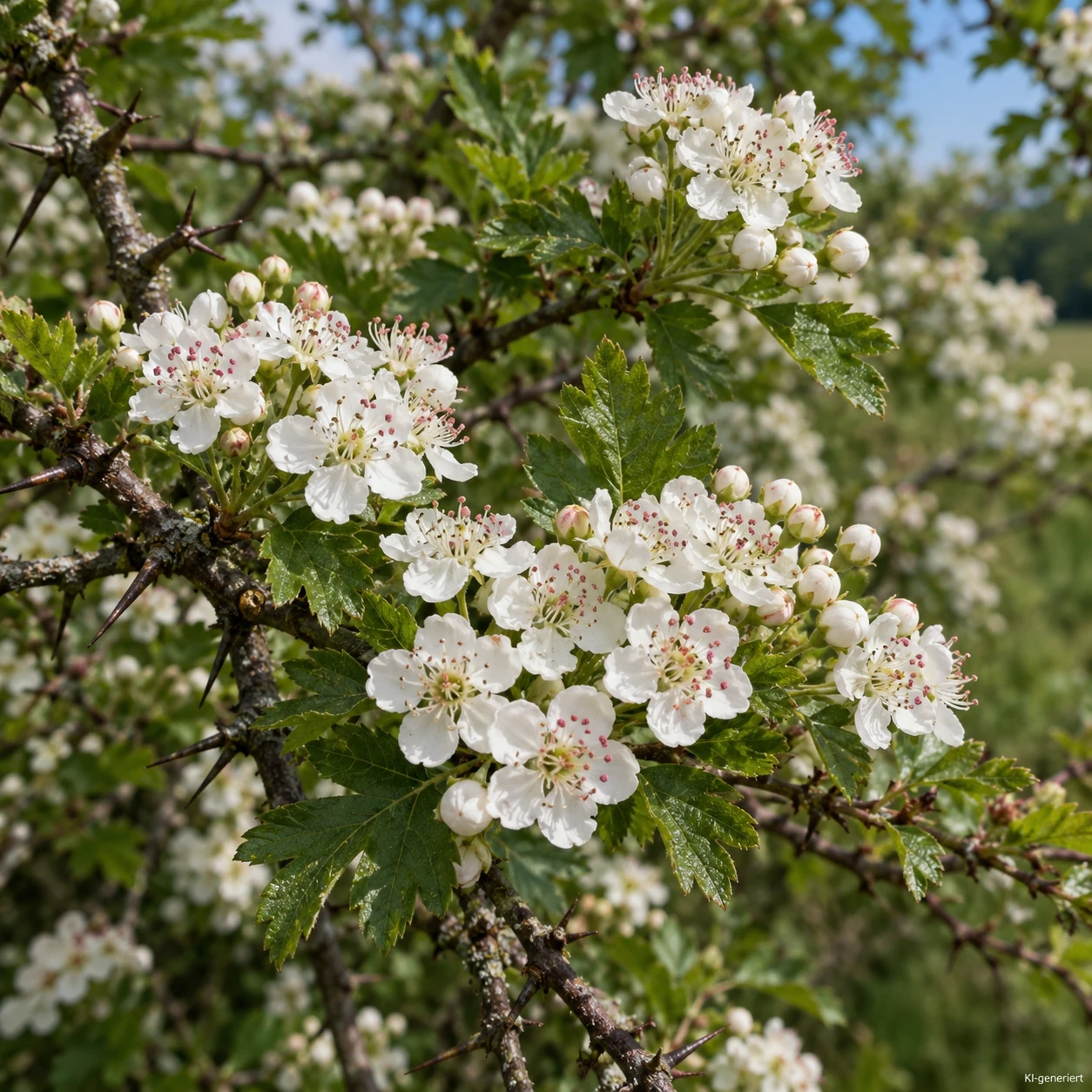 Weiße Blüten des Eingriffeligen Weißdorns in Nahaufnahme.