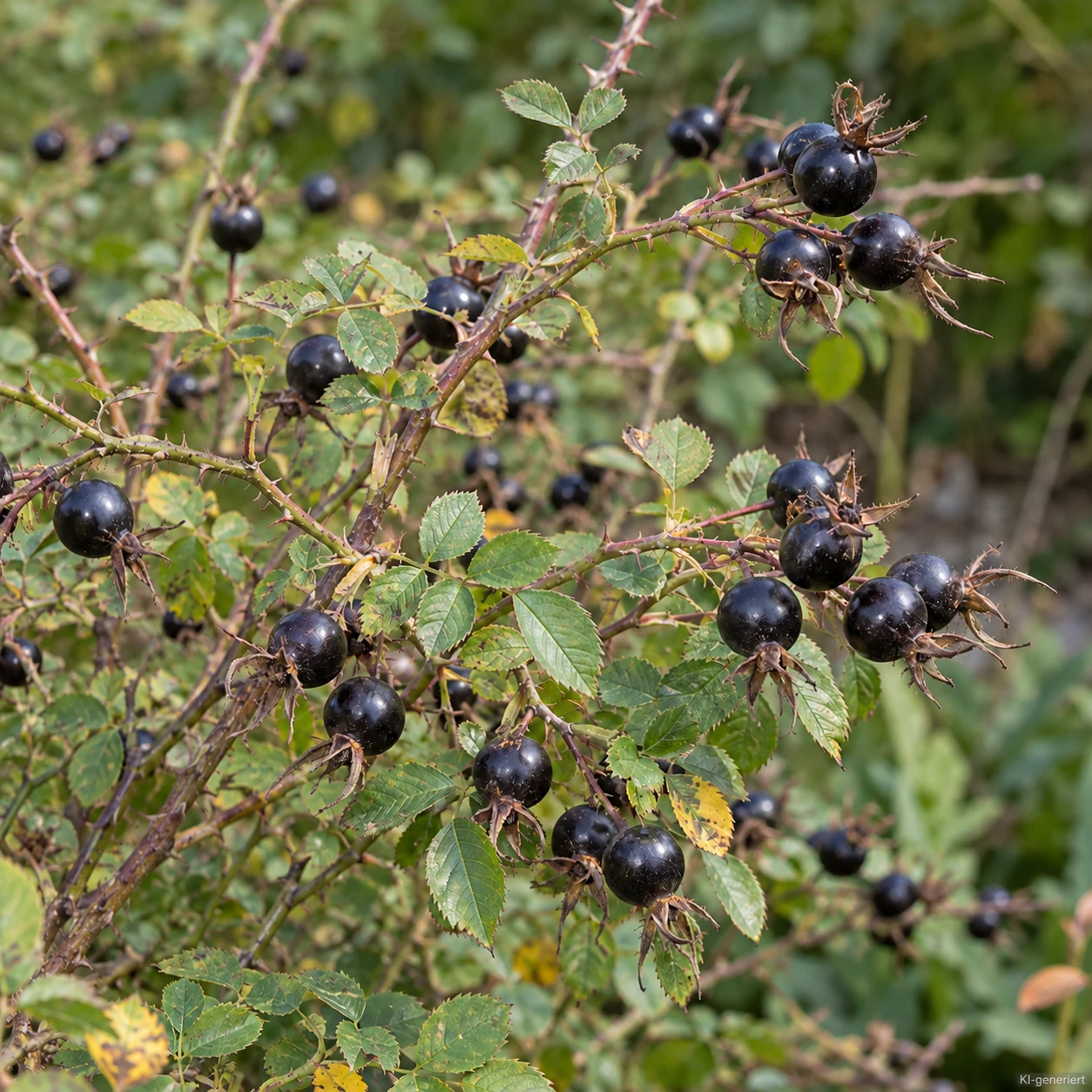 Dunkle Hagebutten der Bibernellrose an belaubten Zweigen.