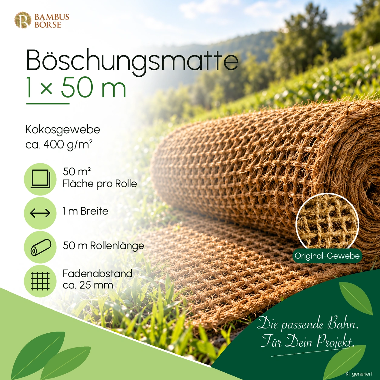 Böschungsmatte aus Kokos, 1 × 50 m mit 50 m² und ca. 400 g/m².