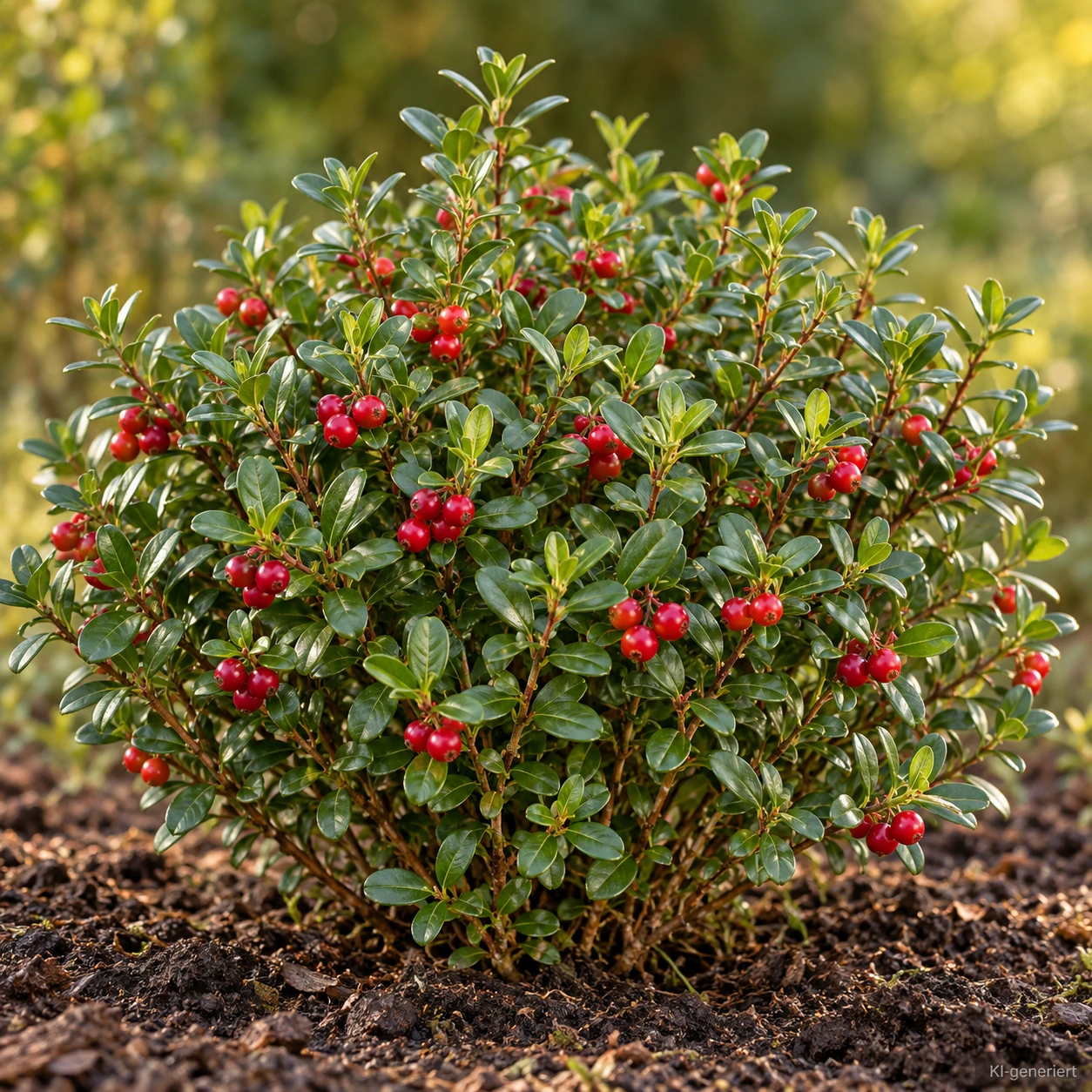 Preiselbeere 'Red Pearl' mit immergrünem Laub und roten Beeren im Garten.