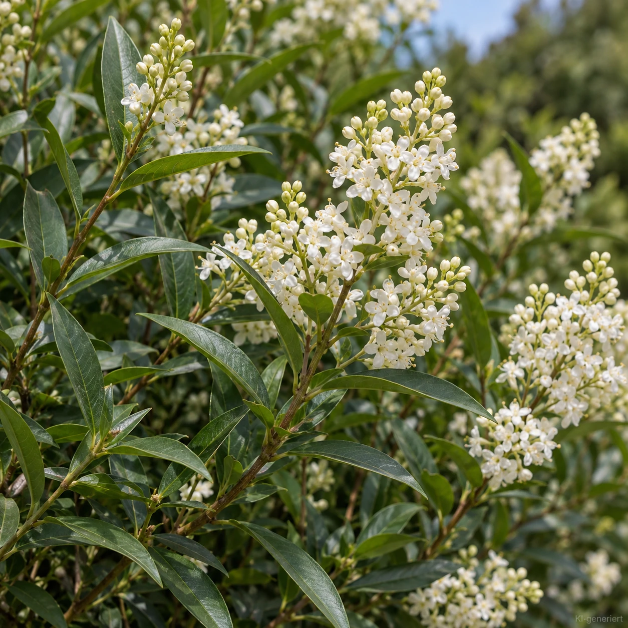 Weiße Blütenrispen von Ligustrum vulgare 'Atrovirens'.