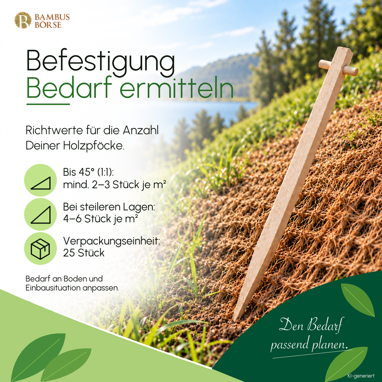 Befestigungsempfehlung für Holzpföcke: mindestens 2 bis 3 Stück je Quadratmeter bis 45 Grad, 4 bis 6 Stück bei steileren Lagen. KI-generierte Darstellung.